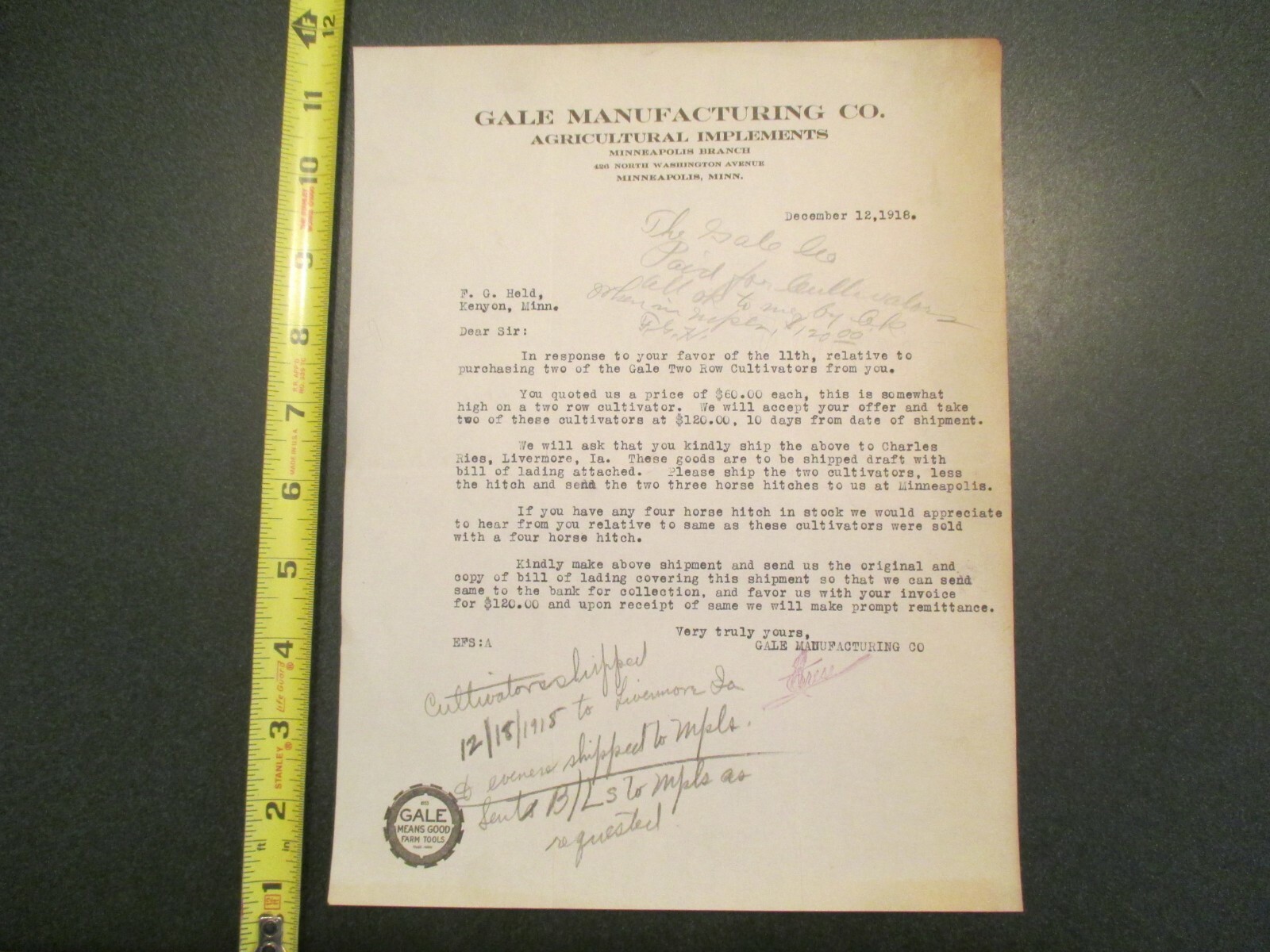 Gale Manufacturing Agricultural Implements 1918 Letterhead 1369