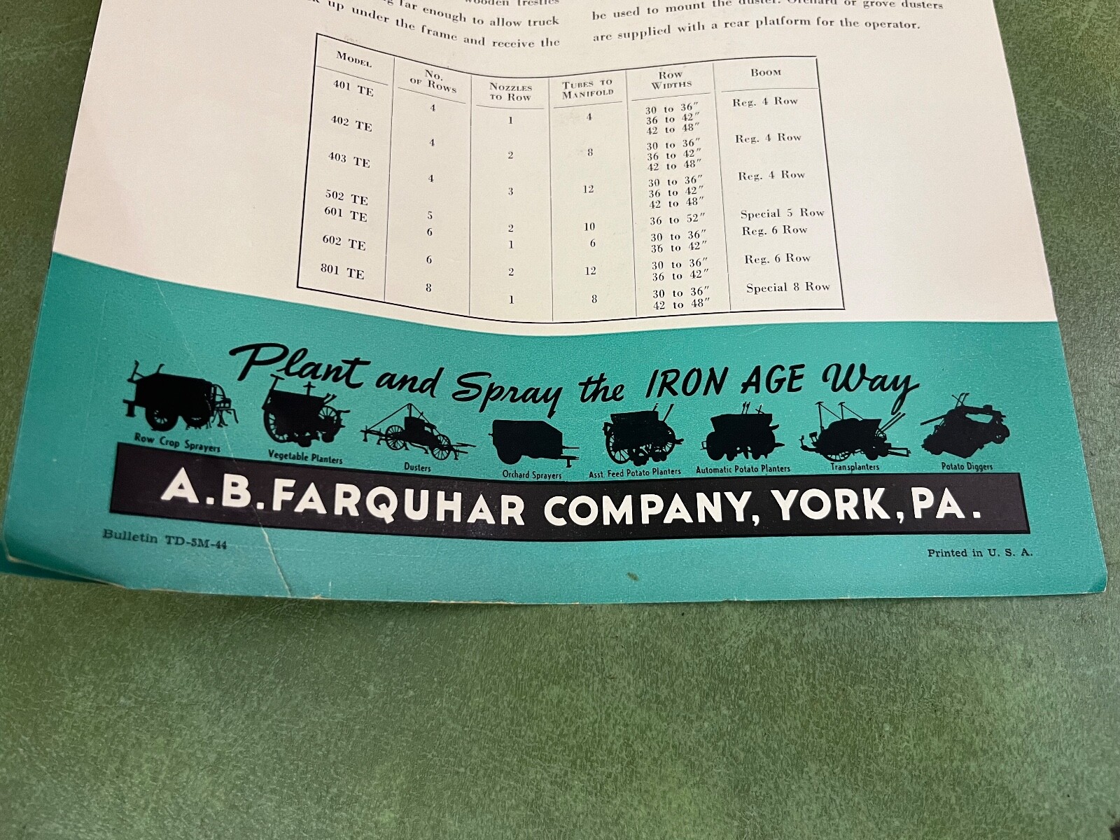 Original Farquhar Iron Age Tractor Mounted Duster Sales Brochure Farmall York PA