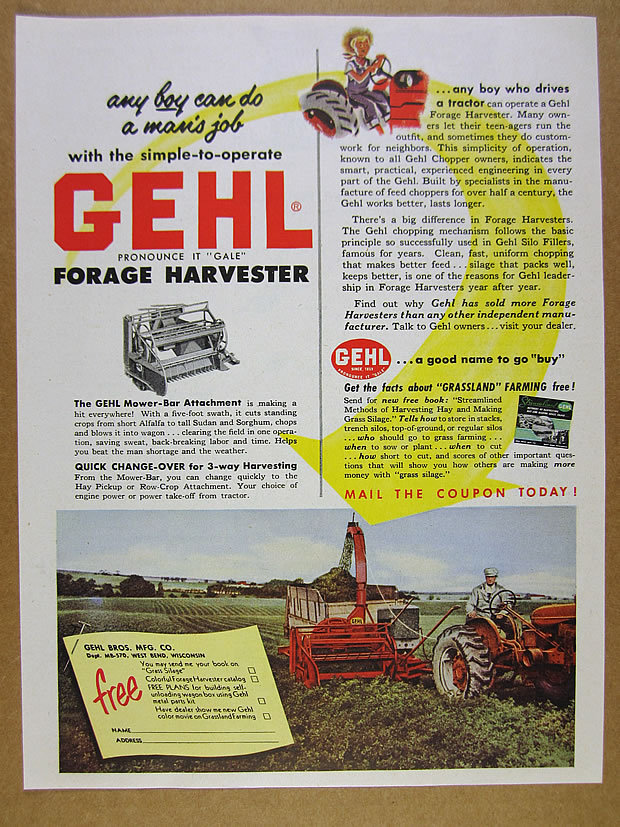 1953 Gehl Forage Harvester farmer harvesting tractor photo vintage print Ad