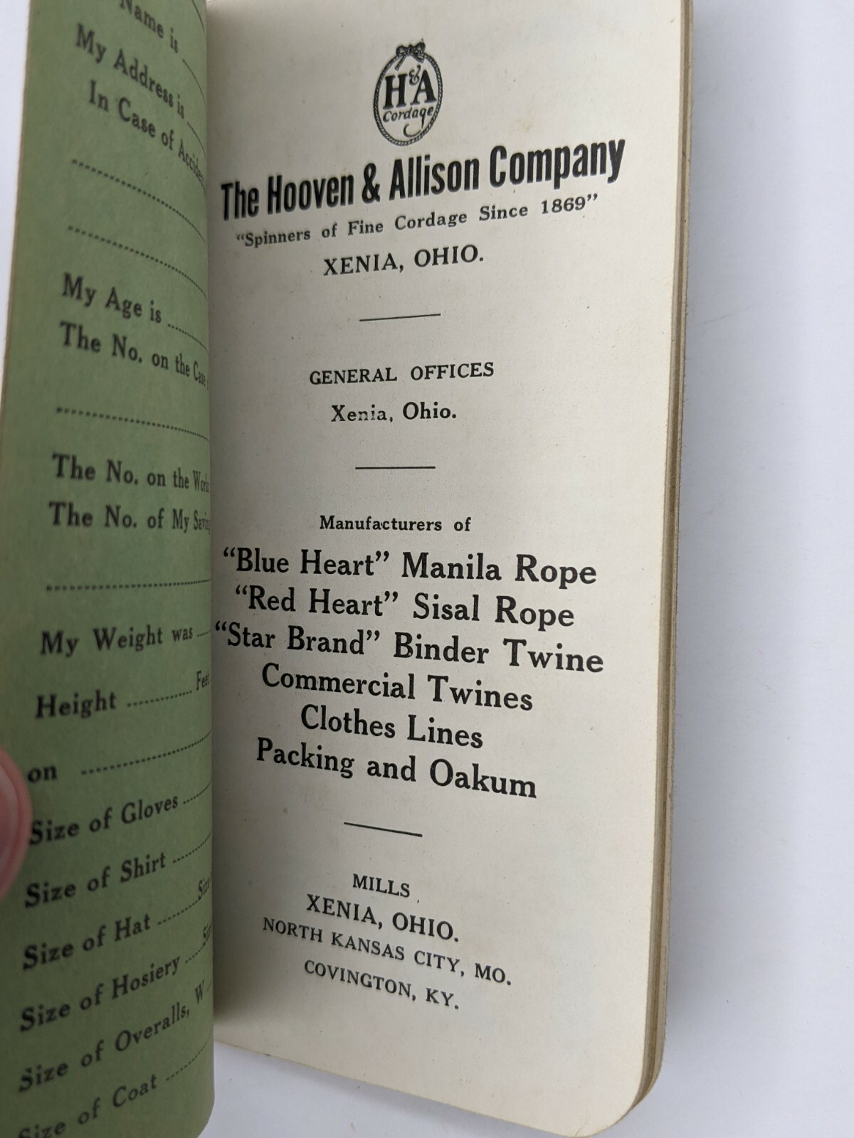 1938 Hooven & Allison Co Xenia Ohio Rope Twine Adv Pocket Ledger Notebook Diary