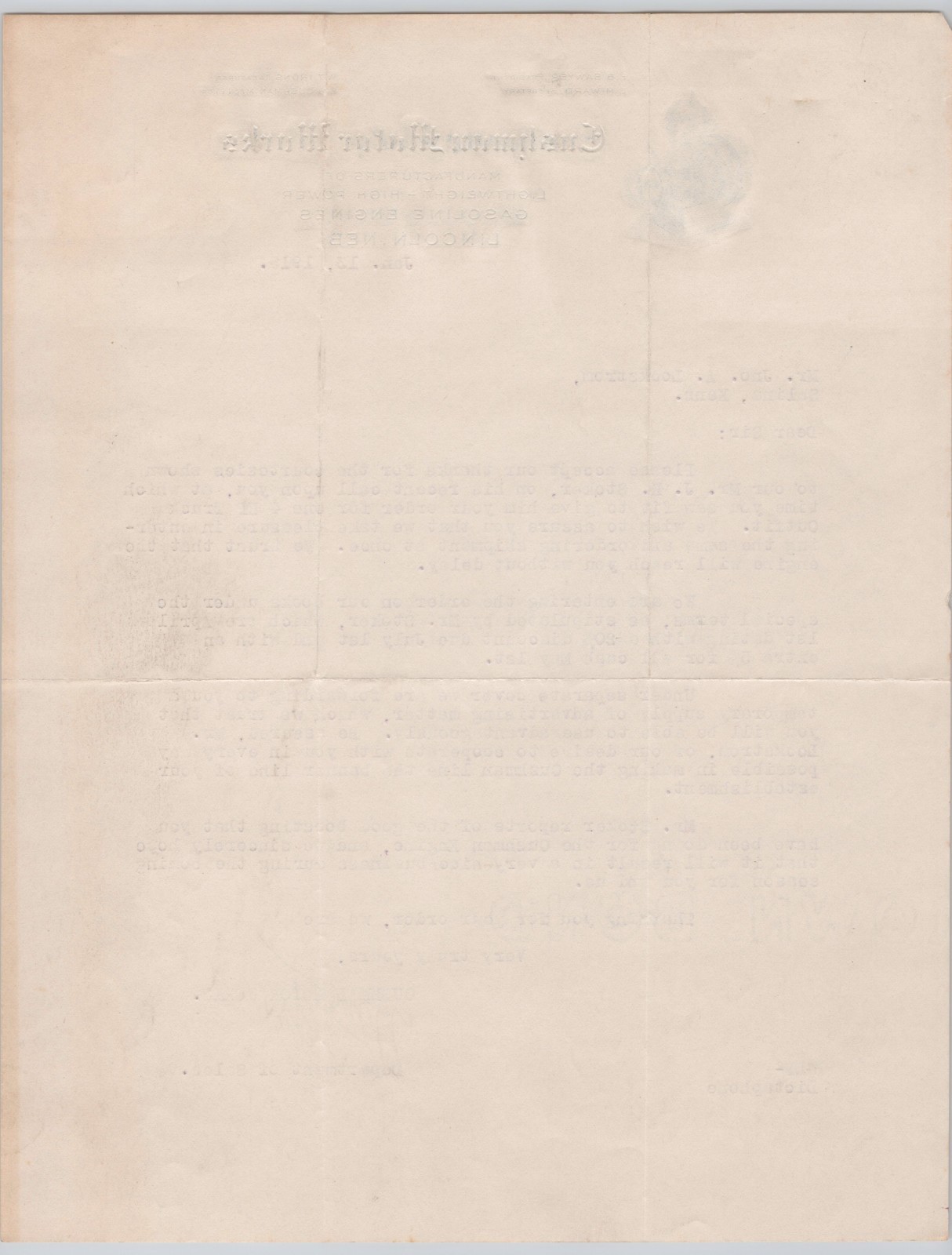 1915 Gasoline Engine Cushman Motor Works Lincoln NE Embossed Letterhead BH1-14