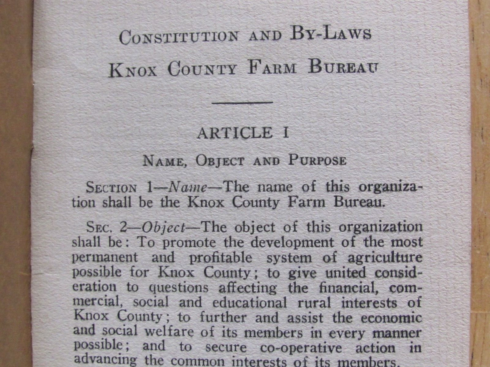 C 1929 KNOX COUNTY FARM BUREAU BOOKLET CONSTITUTION & BY-LAWS