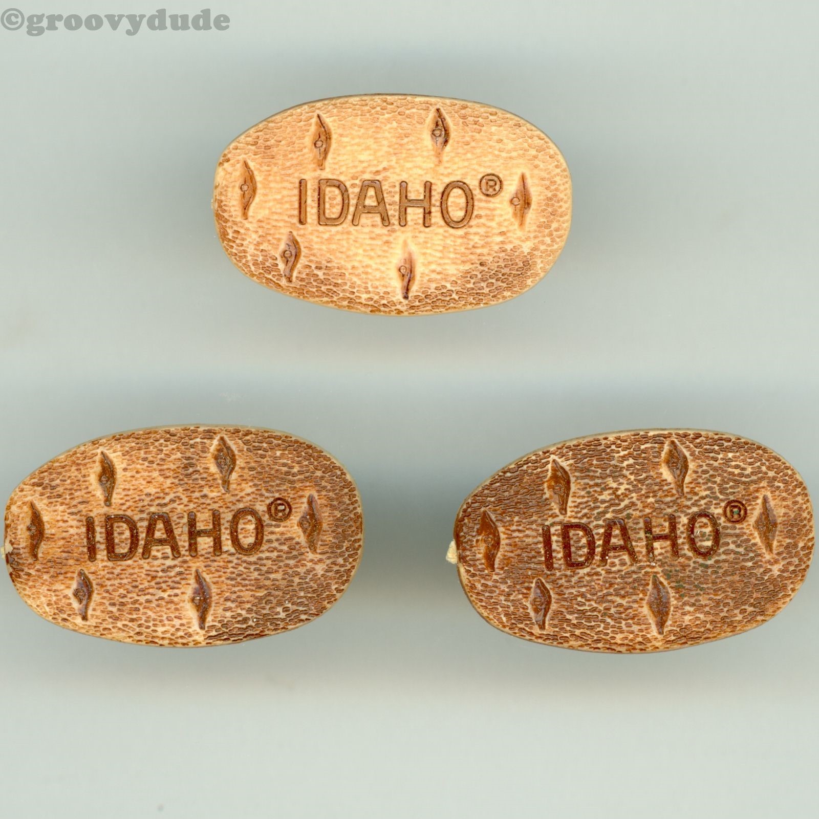 Lot of 3 Idaho Spud Pins Brown Potato Lapel Tie Tack Vintage Promo Plastic
