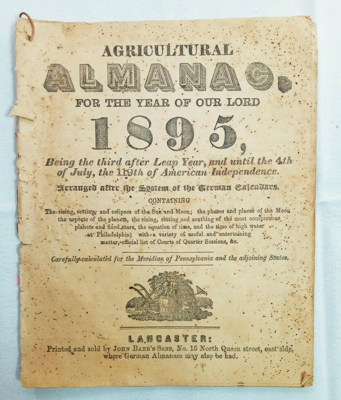 Vintage 1895 John Bear Baer&rsquo;s Agricultural Almanac Lancaster PA Antique Farmers