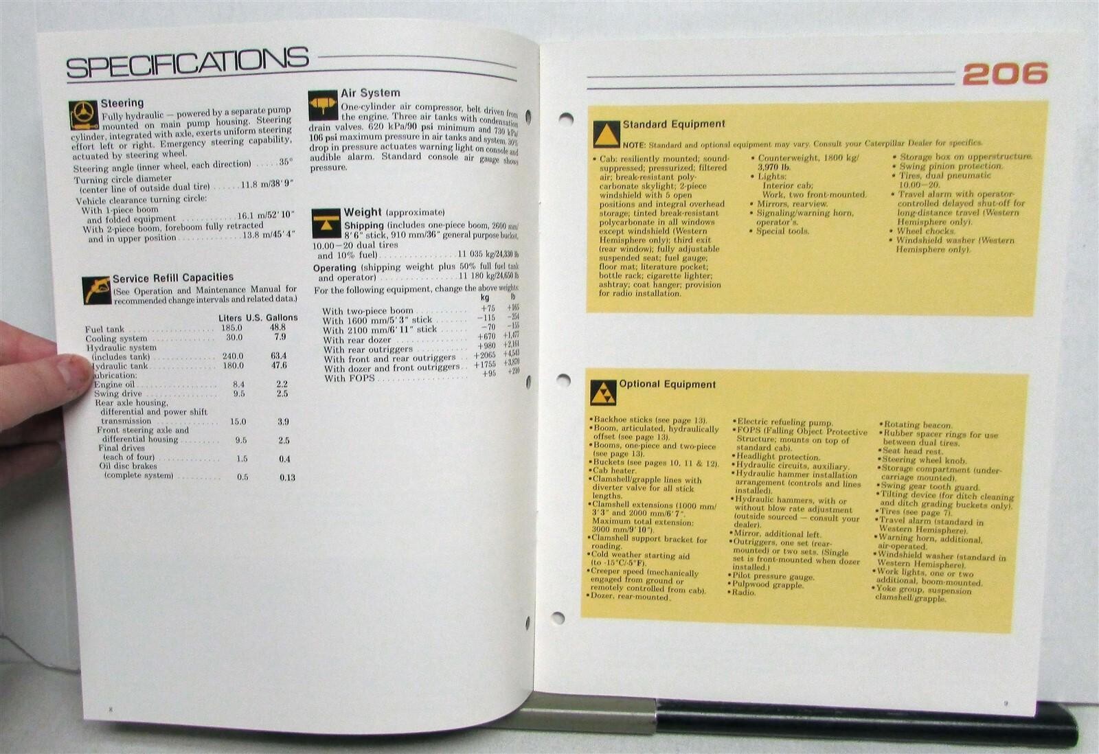 1989 Caterpillar 206 Excavator Construction Specifications Sales Brochure