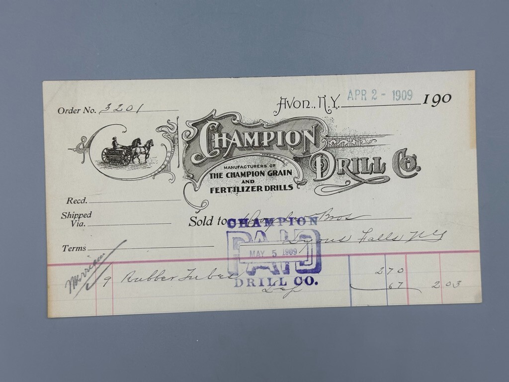 1909 CHAMPION GRAIN DRILL Farm Advertising AVON NY Illustrated Invoice Antique