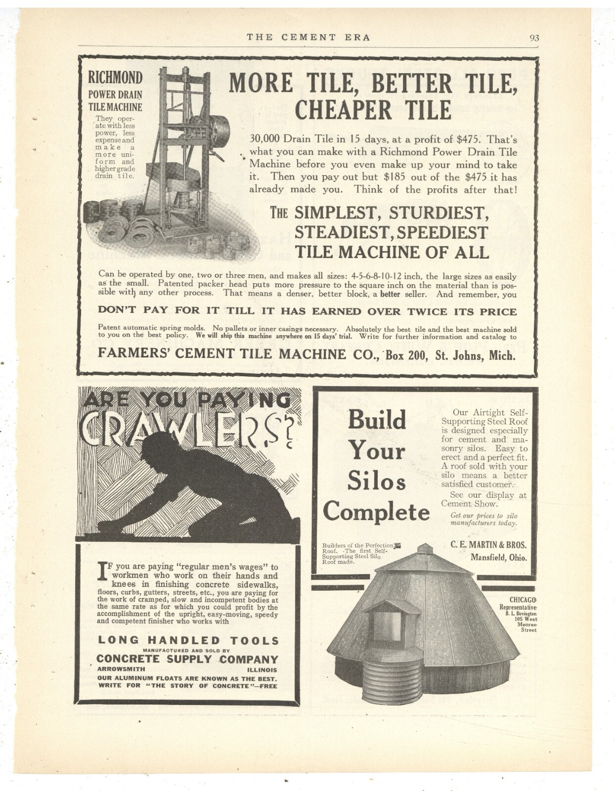 1917 Ads F&B of PG Farmer&rsquo;s Cement Tile Machine – St. Johns Michigan, Peru Plow