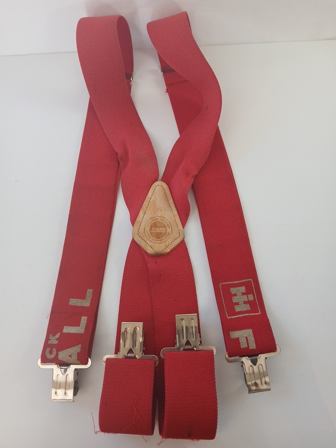 Vintage McCormick Farmall IH Red Suspenders Case Leather Patch USA