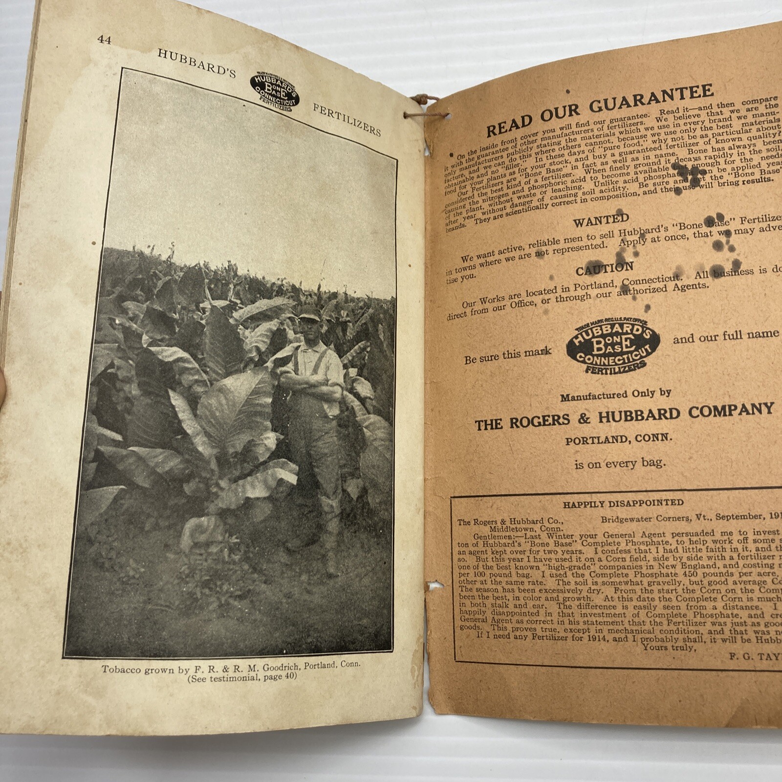 Hubbard&rsquo;s Bone Base Fertilizer Connecticut Almanac 1914 Agriculture Advertising