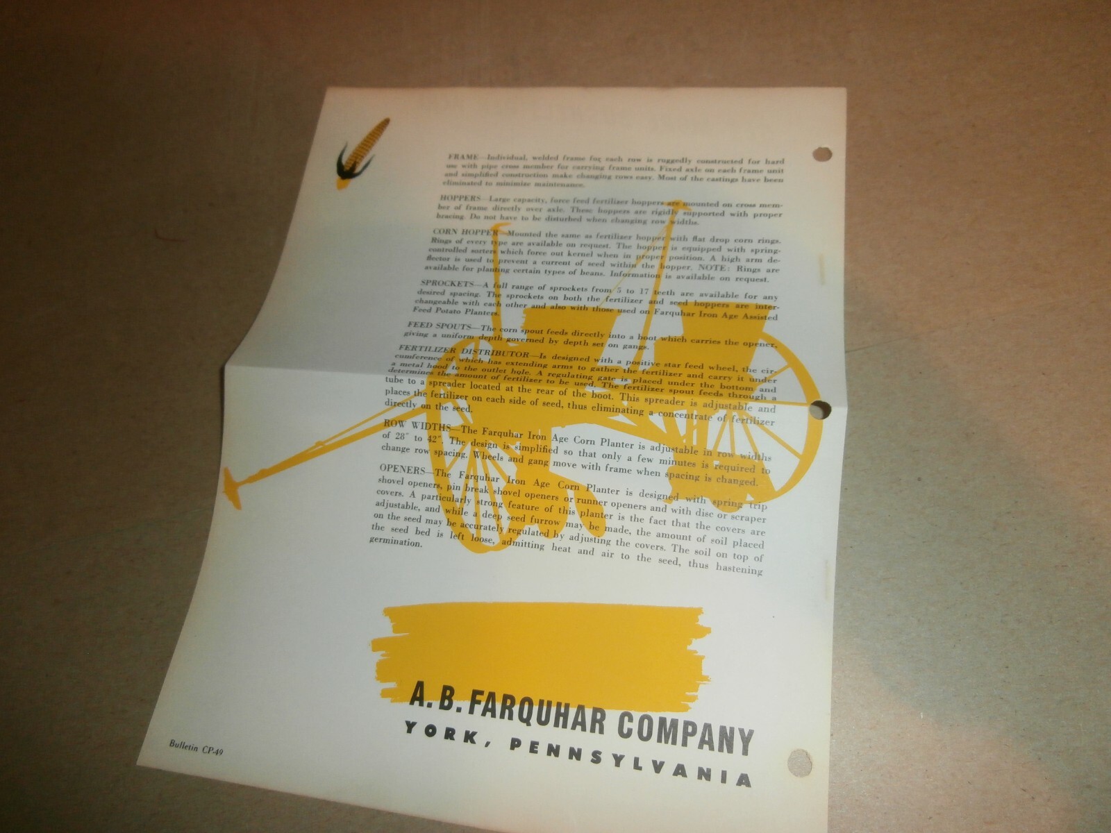 Vintage Farquhar Iron Age York PA Corn Planters Brochure