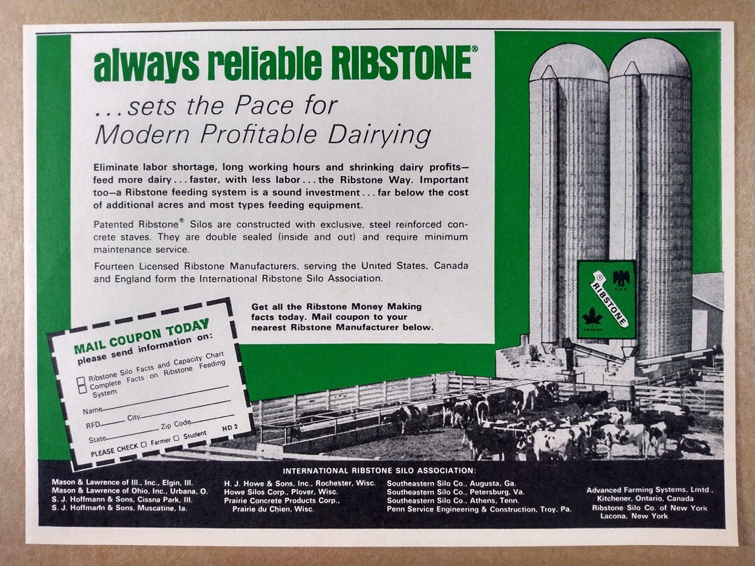 1968 Ribstone Farm Silos Feeding Systems vintage print Ad