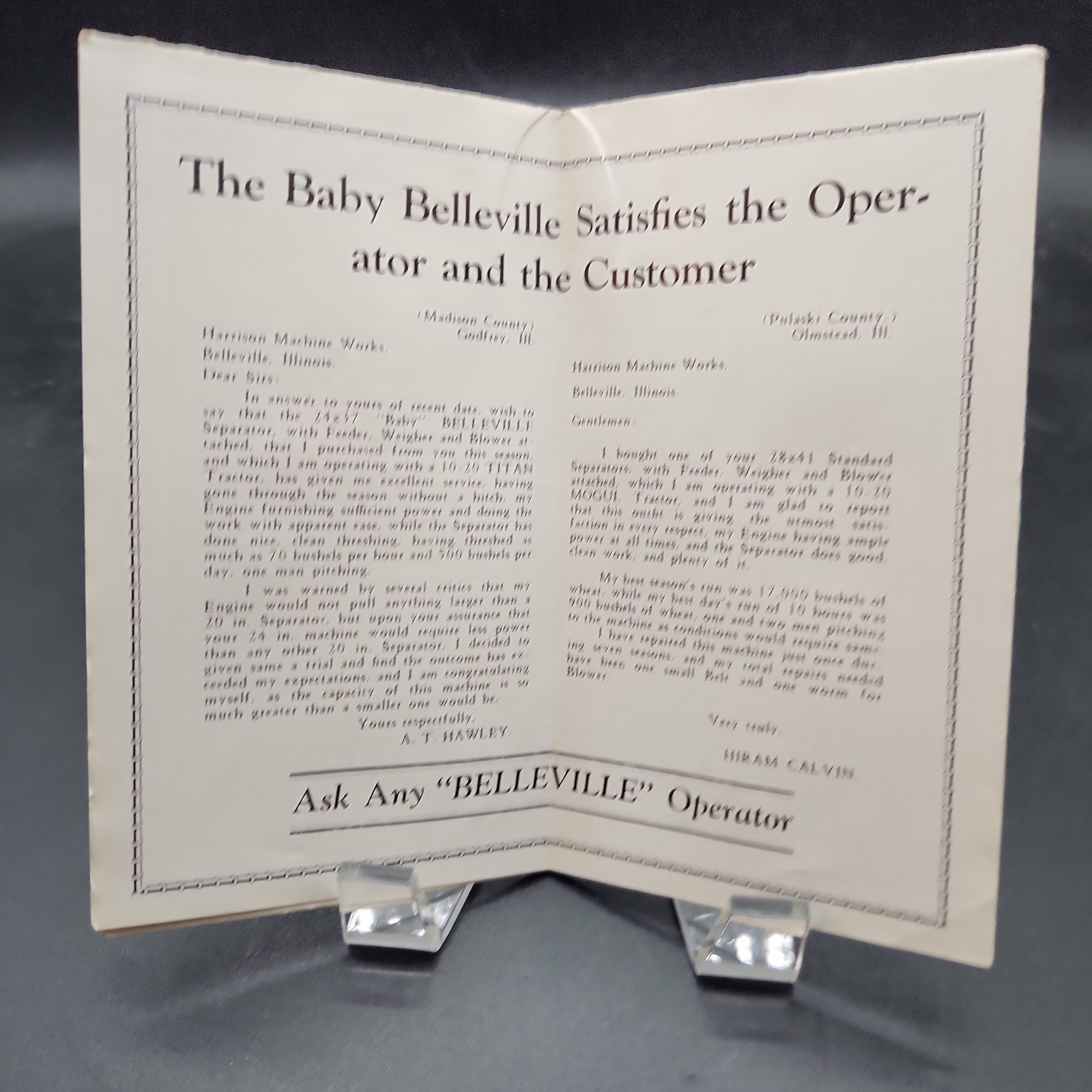 Baby BELLEVILLE THRESHING Brochure – HARRISON MACHINE WORKS – Farm Advertising