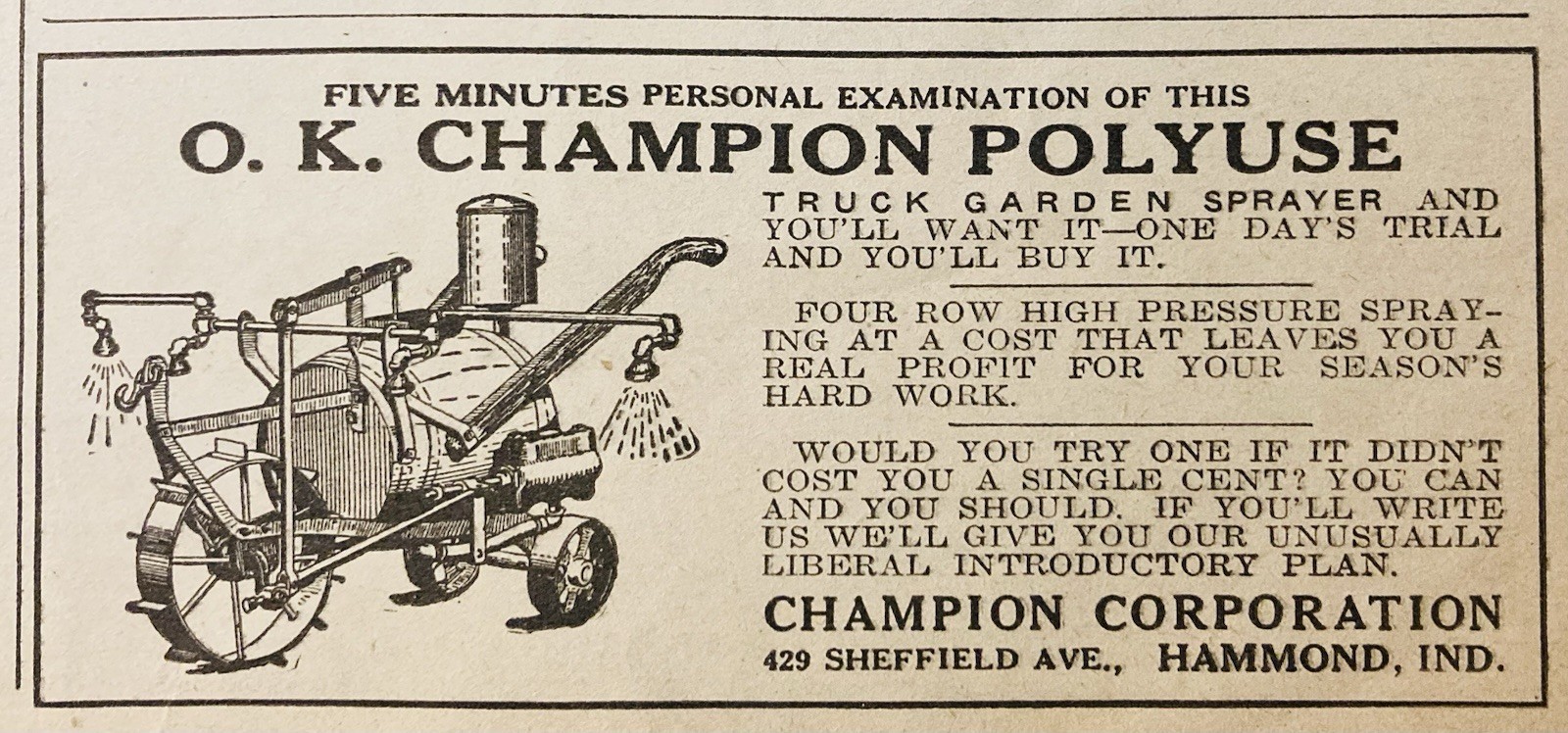 1929 AD.(XH87)~CHAMPION CO. HAMMOND, IND. O.K. CHAMPION GARDEN SPRAYER