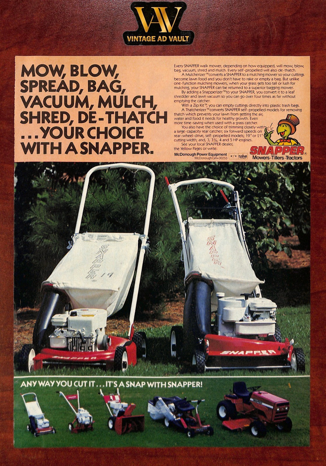 Snapper Lawn Mower Vintage Print Ad – Mow Blow Spread Bag Vacuum Mulch Shred