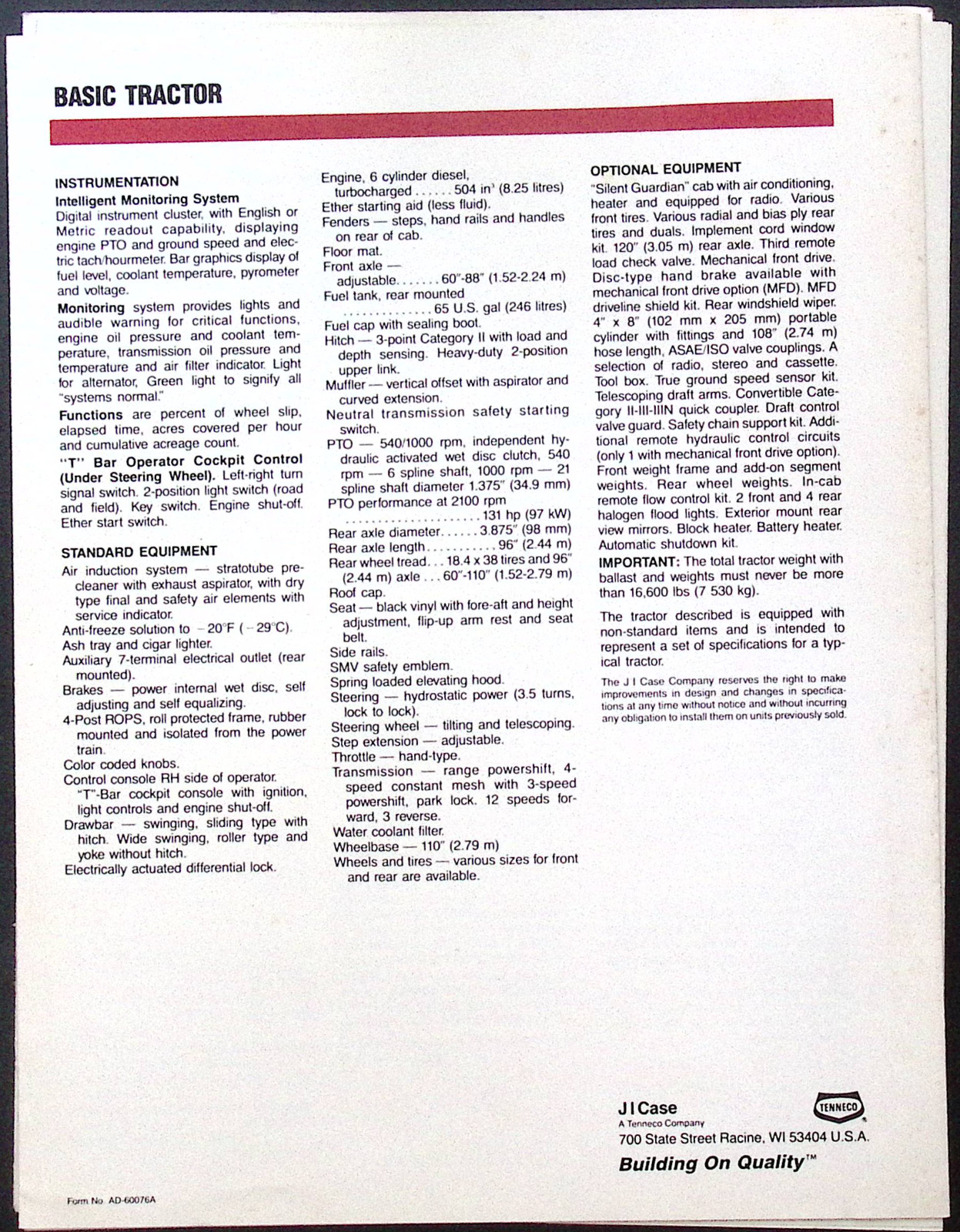 Case IH Model 2294 Tractor Brochure Vintage Agricultural Farming Spec Sheet