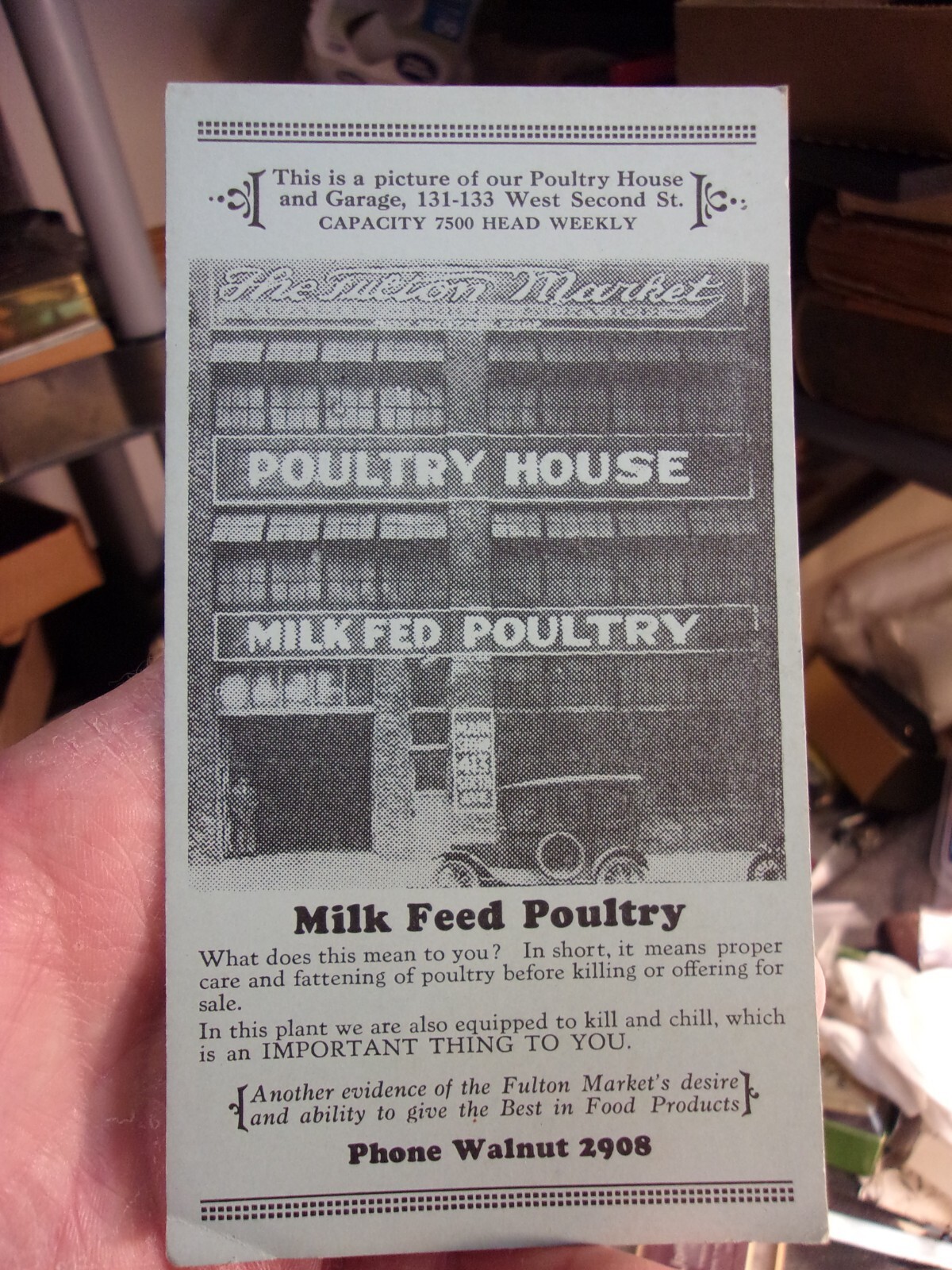 AWESOME ANTIQUE ADVERTISING CARD: THE FULTON MARKET, MILK FEED POULTRY, CHICAGO