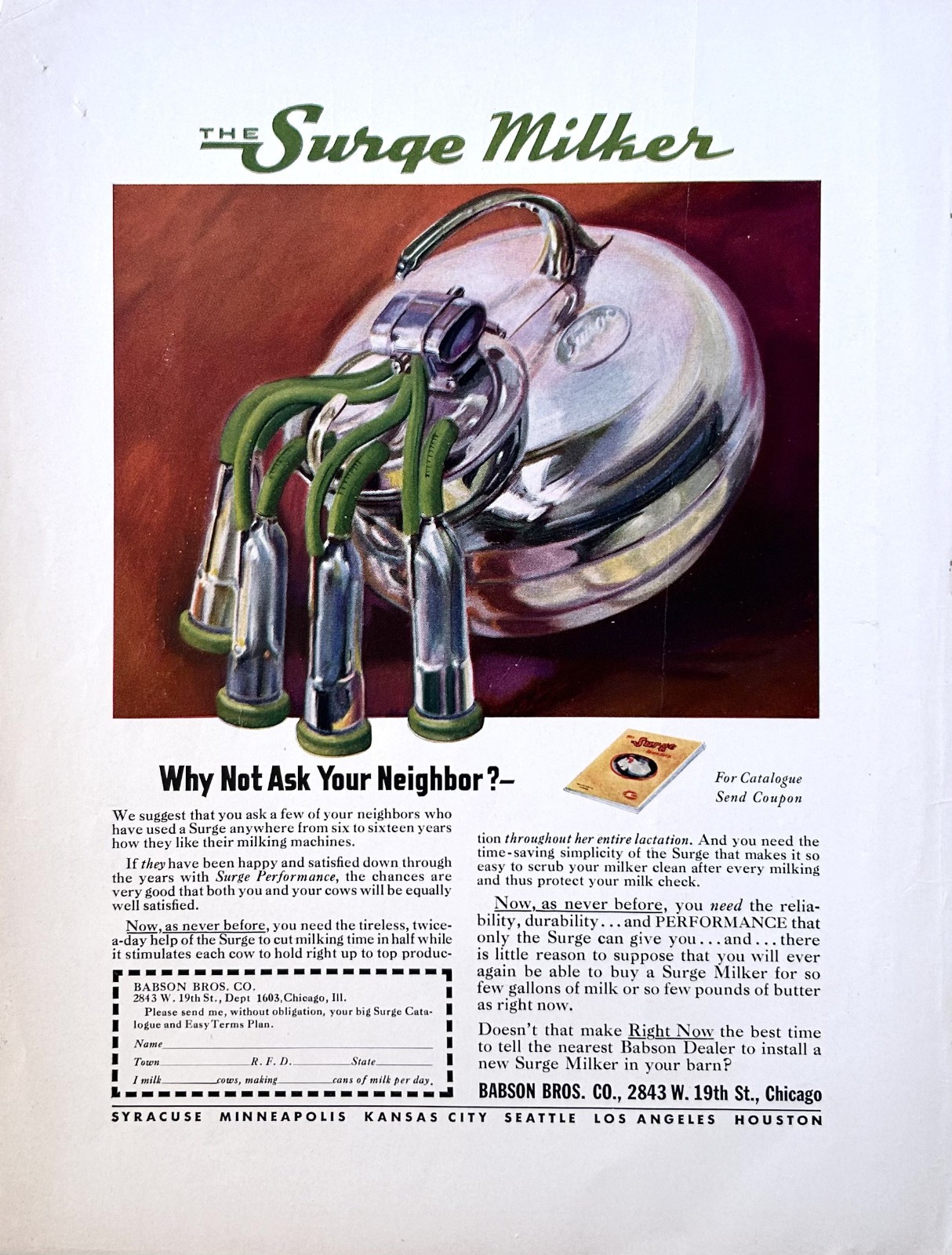 1942 Ad Babson Bros. Co Chicago Surge Milker Cut Milking Time In Half