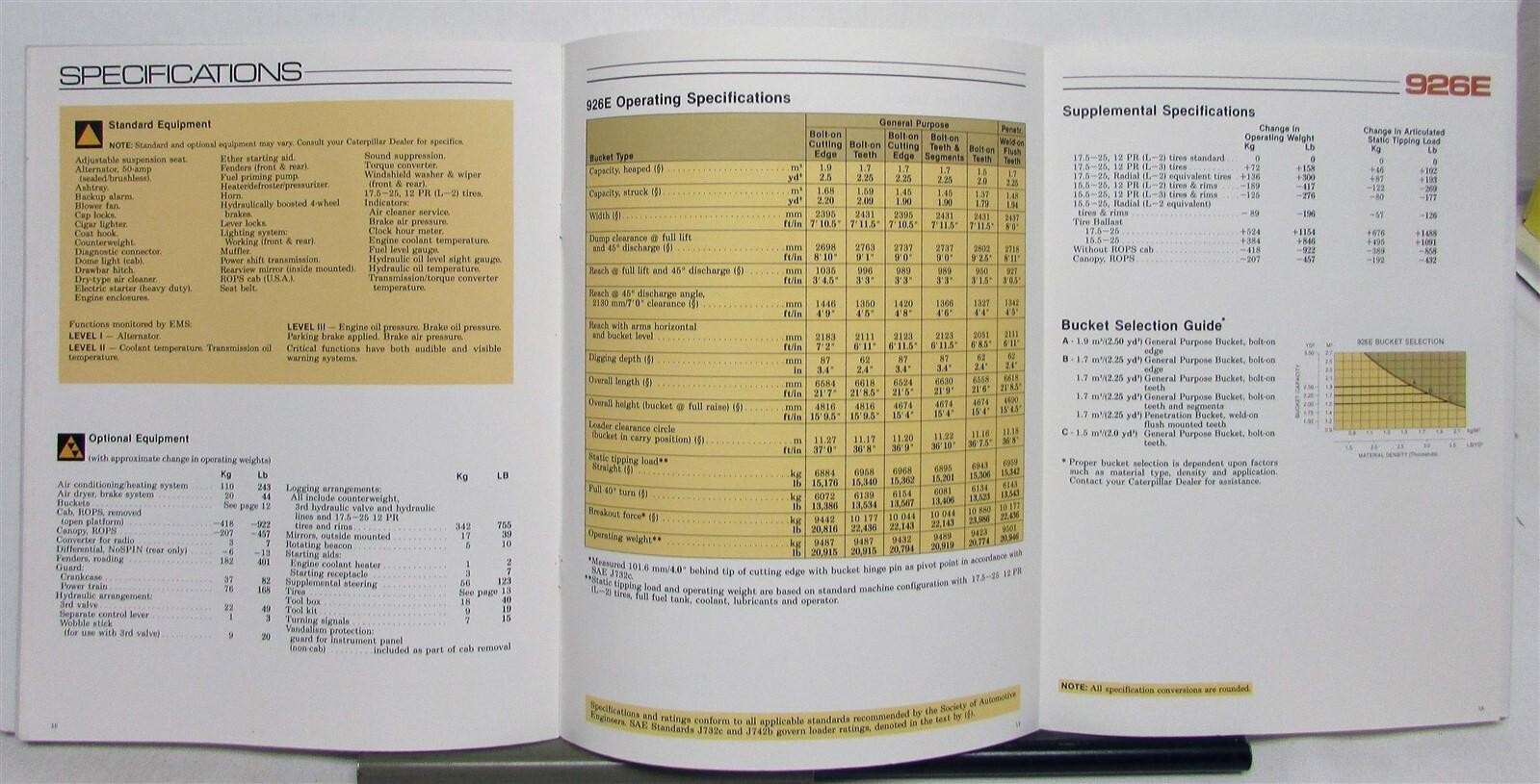 1988 Cat 926E Wheel Loader Diagrams Specifications Construction Sales Brochure