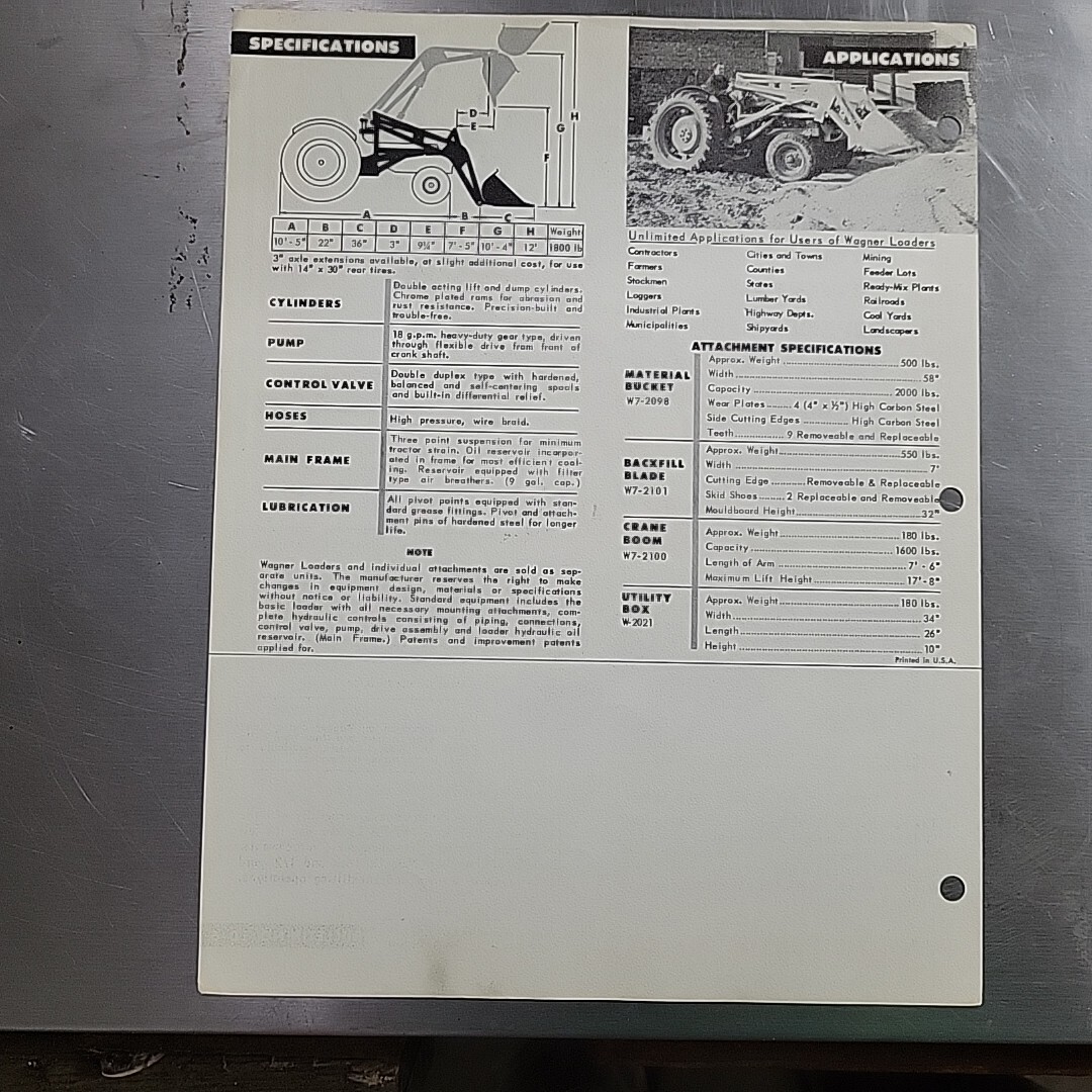 1950s WAGNER W7 Tractor Loader For Fordson Major Tractors Brochure