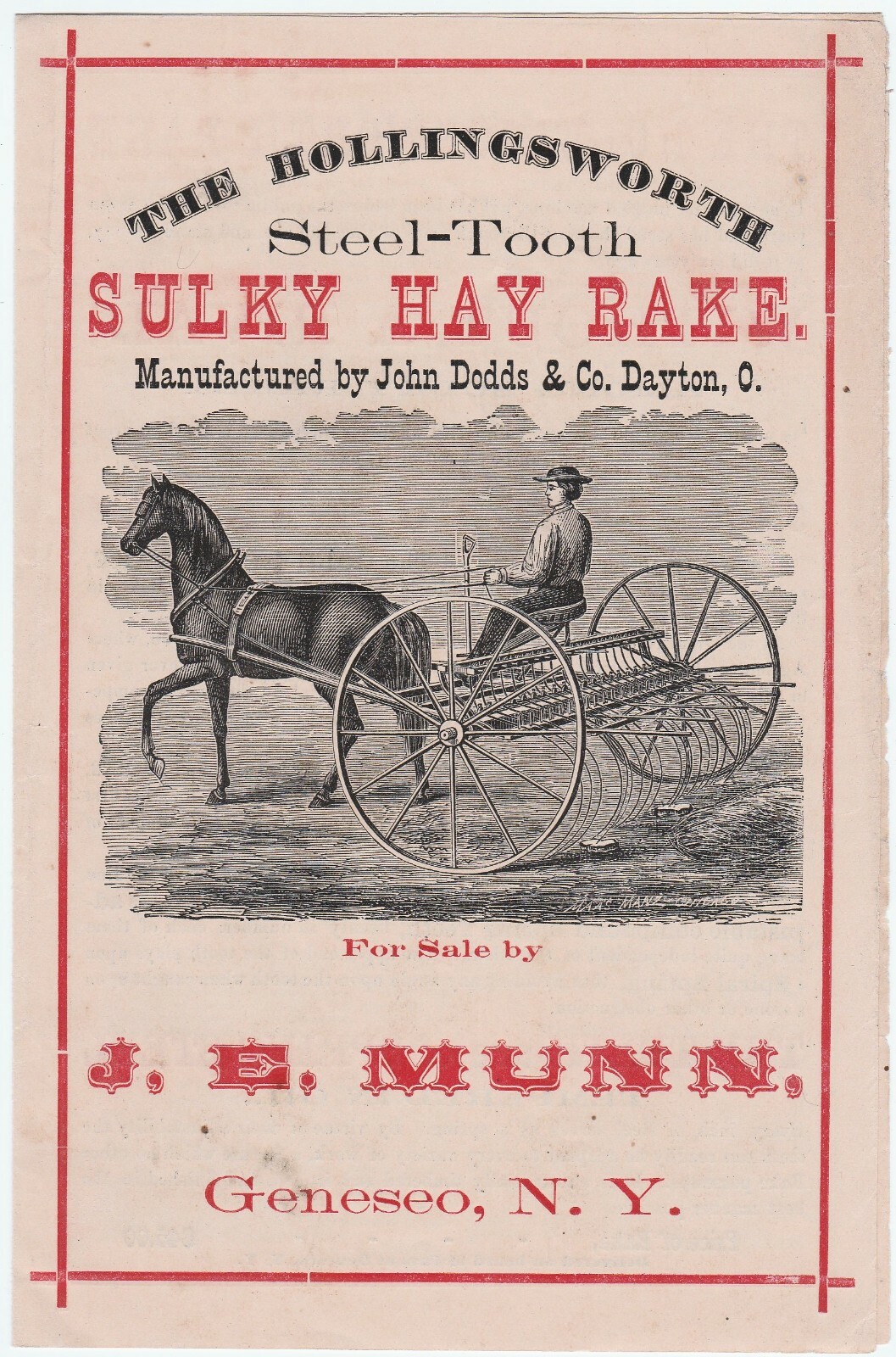 SUPER Catalog Pamphlet – Hollingsworth Hay Rake Dodds / Munn Geneseo NY 1873