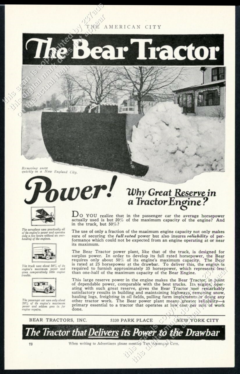 1923 Bear tractor crawler snowplow photo vintage trade ad