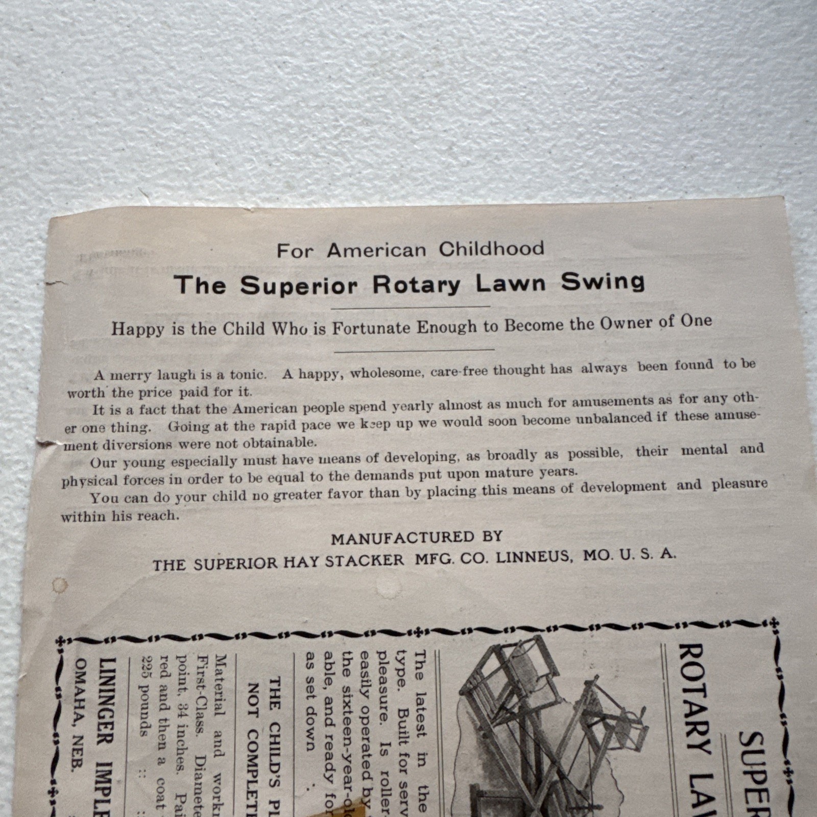 The Superior Hay Stacker Manufacturing Co. Superior Rotary Porch Swing Pamphlet