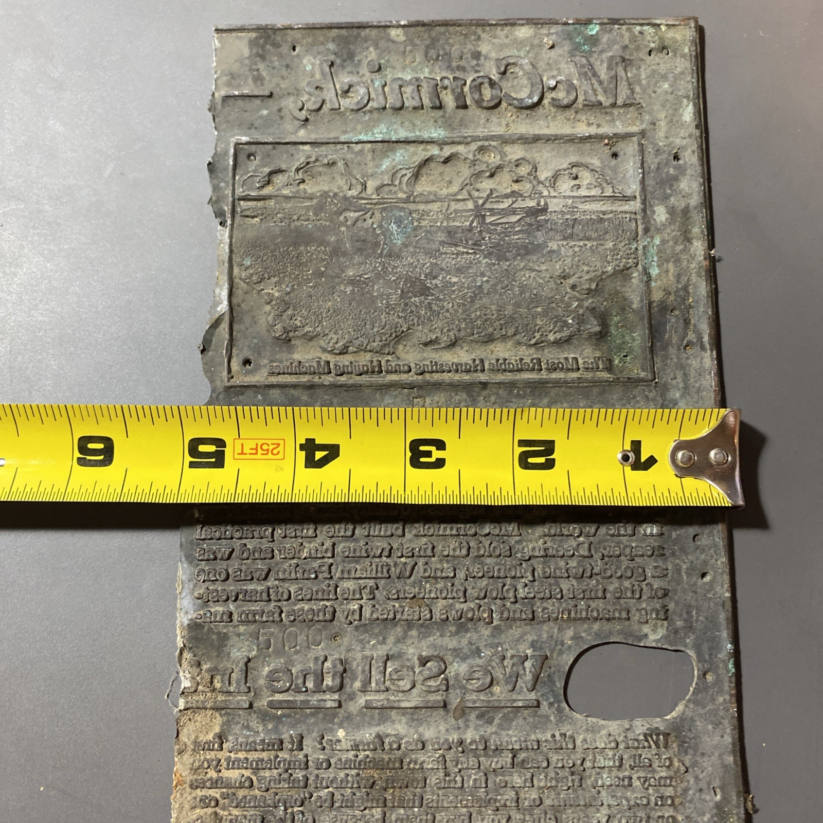 RARE McCormick Deering Copper Printing Plate 1930s farm imagery + Text Look!