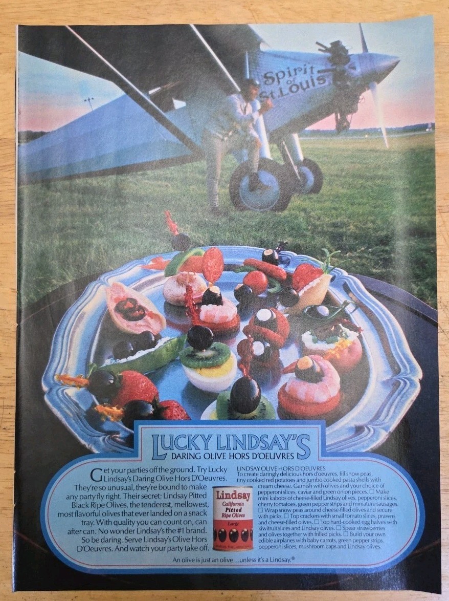 1983 Print Ad – Lindsay&rsquo;s California Pitted Ripe Olives Spirit of St Louis Plane