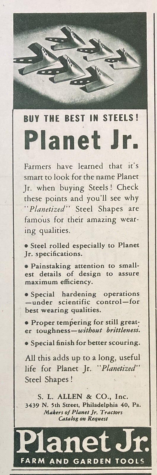 1946 AD(XF18)~S.L. ALLEN CO. PHIL., PA. PLANET JR. STEEL PLOW SHARES
