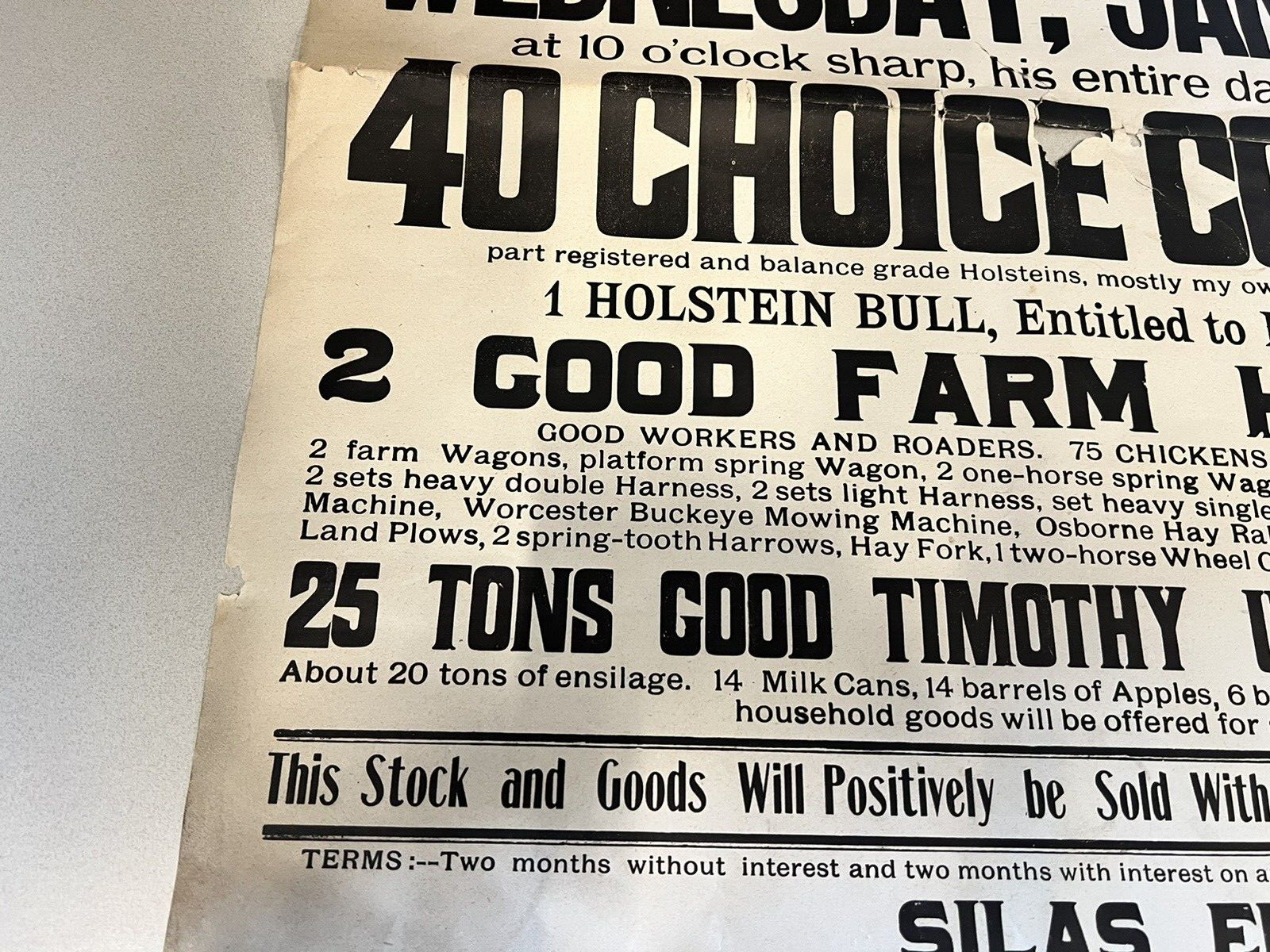 Antique 1800s Corwin Farm Otisville NY Auction Poster Silas Peet Times Press