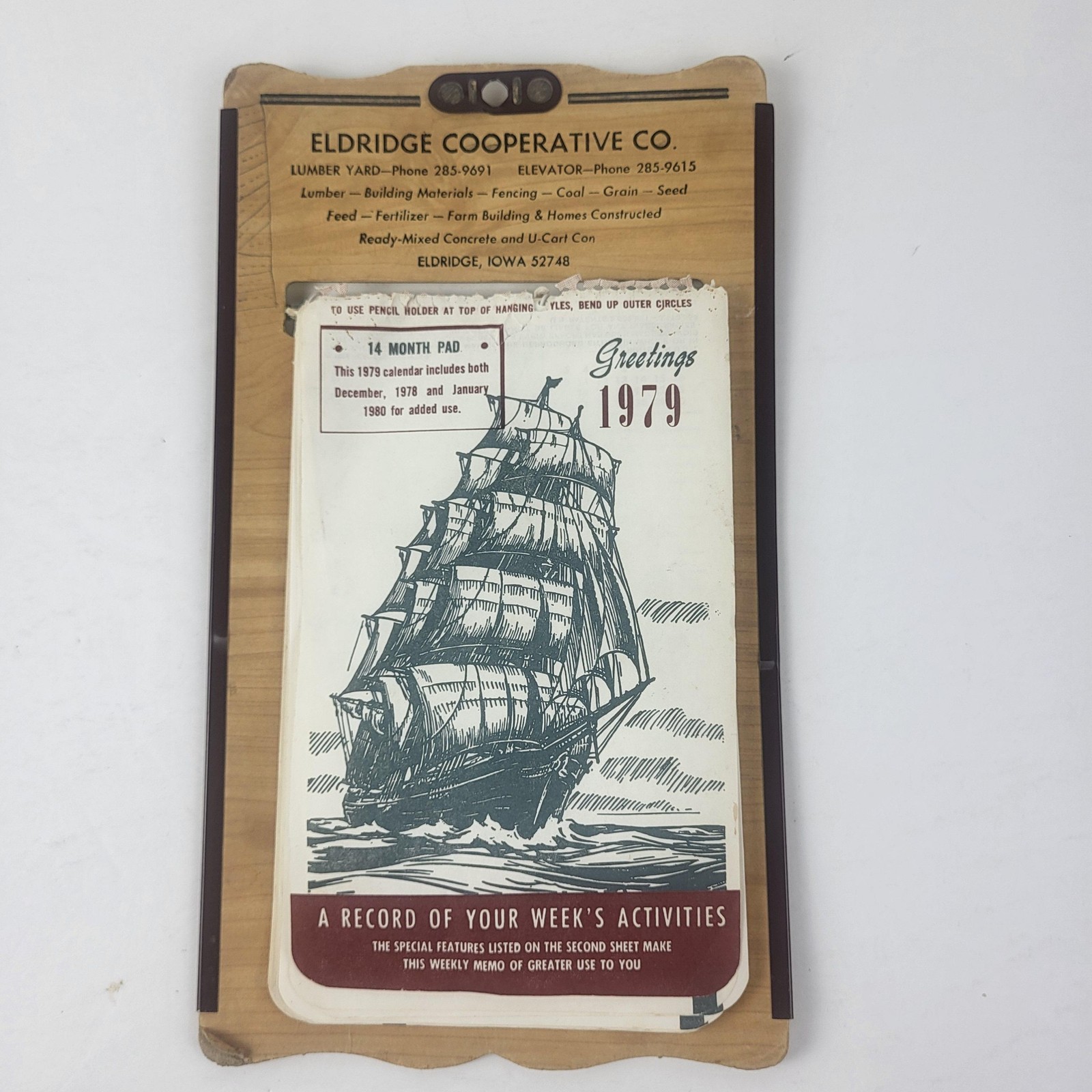 Vintage Eldridge Cooperative Co Brown Wall Calendar Sign 1979 Iowa Advertising