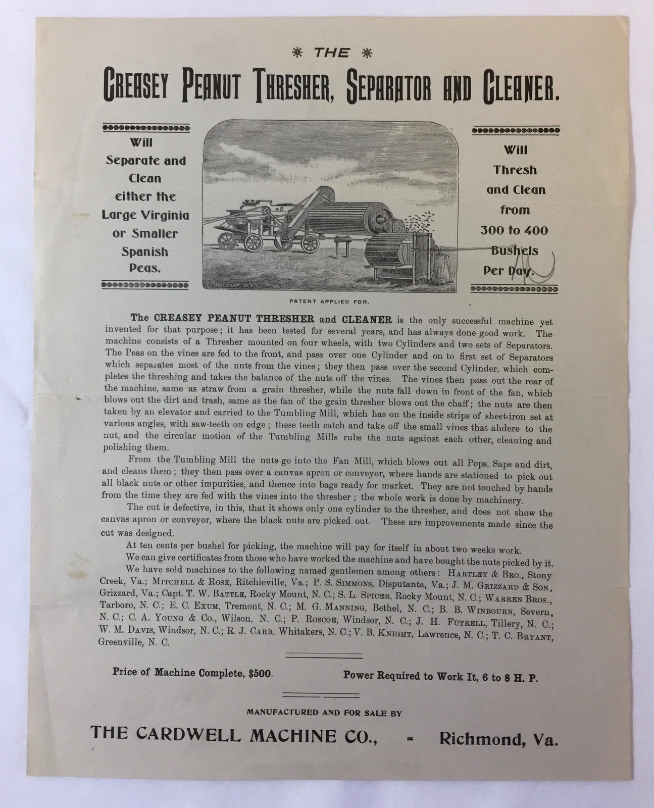circa 1910 Cardwell Machine flier ~ CREASEY PEANUT THRESHER,SEPARATOR+CLEANER