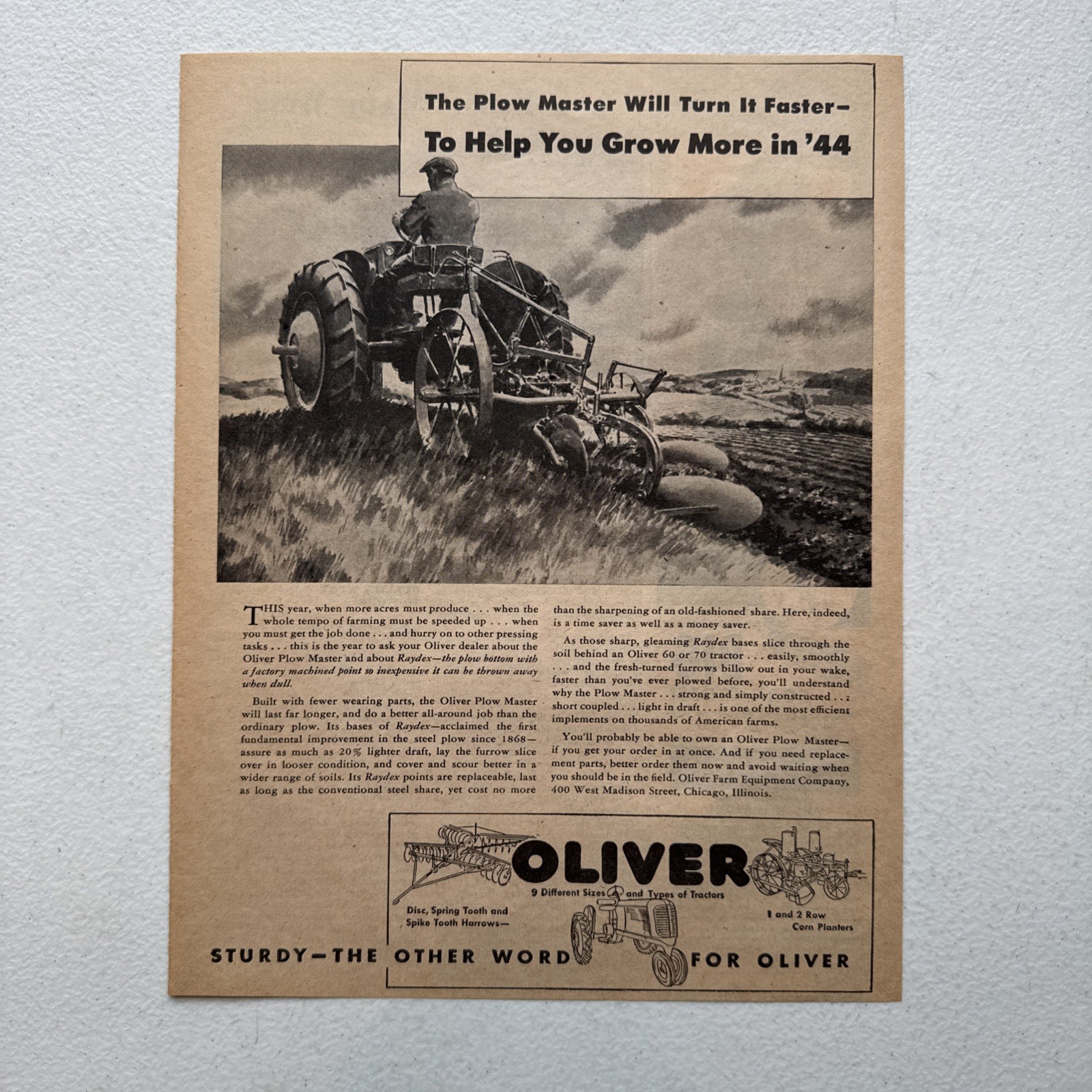 Oliver Farm Equip Corporation Plow Master Grow More In ‘44 Advertisement