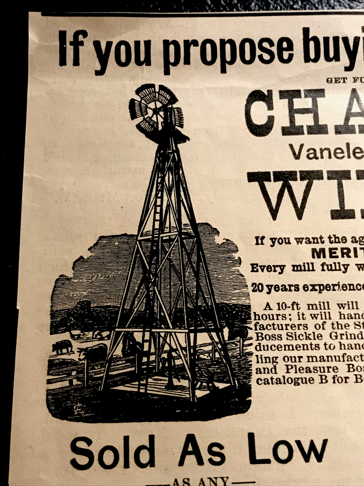 1886 Douglas Champion Windmill Farm Engraving Advertising – Waukegan – Illinois
