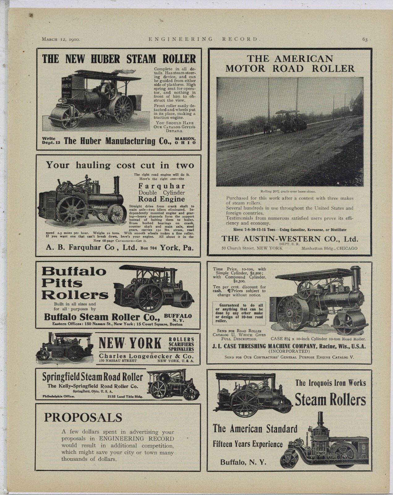 1910 Steam Roller Ads on 1 Pg: Huber, Farquhar, Buffalo Pitts, Case, Iroquois ++