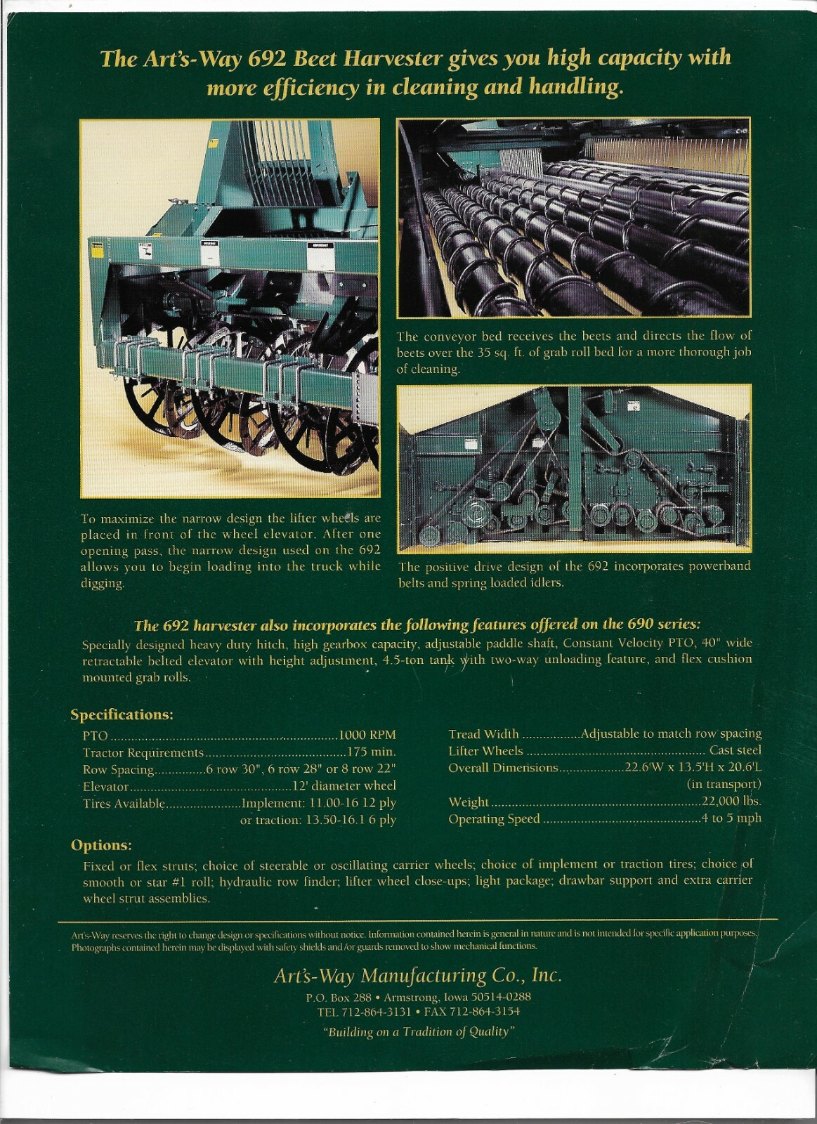 Original Arts-Way 692 Wheel Harvester (6 row 28&Prime; 30&Prime; & 8 Row 22&Prime;) Sales Brochure