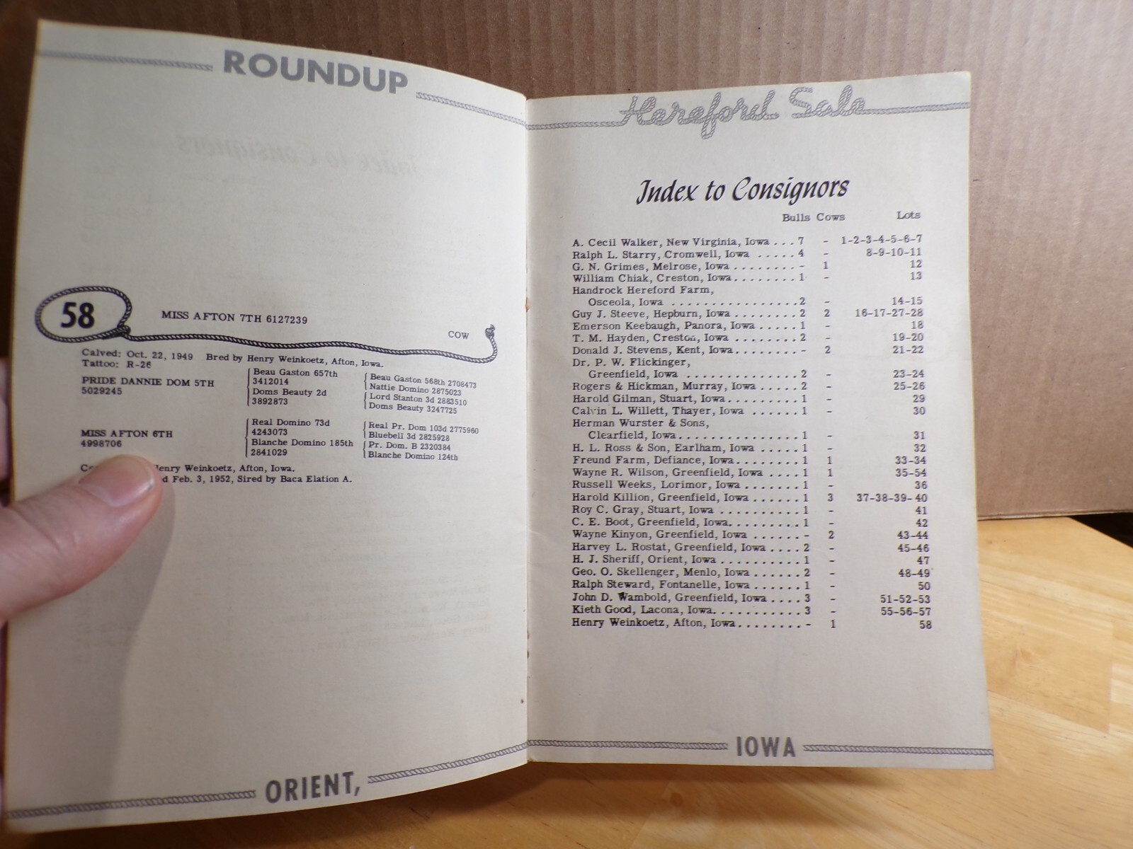 1952 Mar 20 Hereford Auction W. Wilson H. Killion Greenfield-Orient Iowa FAMILY?