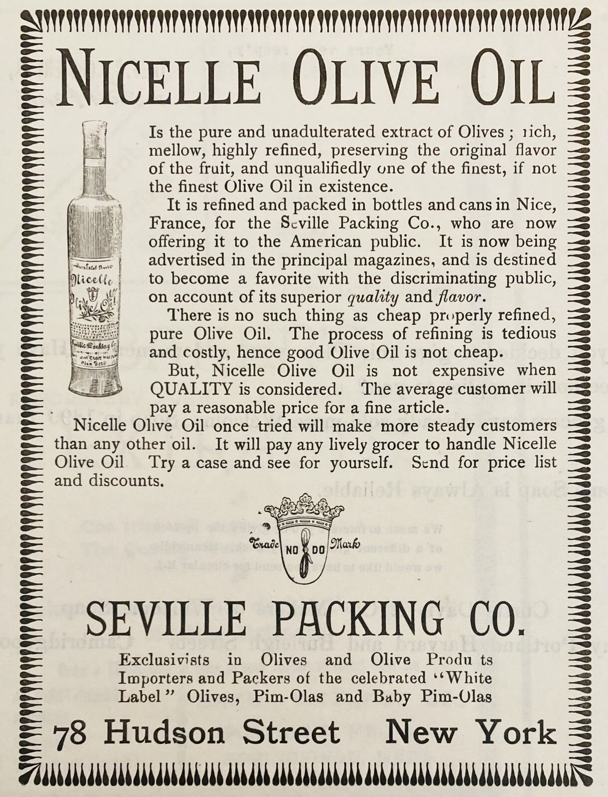 1899 AD.(XH63)~SEVILLE PACKING CO. HUDSON ST. NY. NICELLE OLIVE OIL