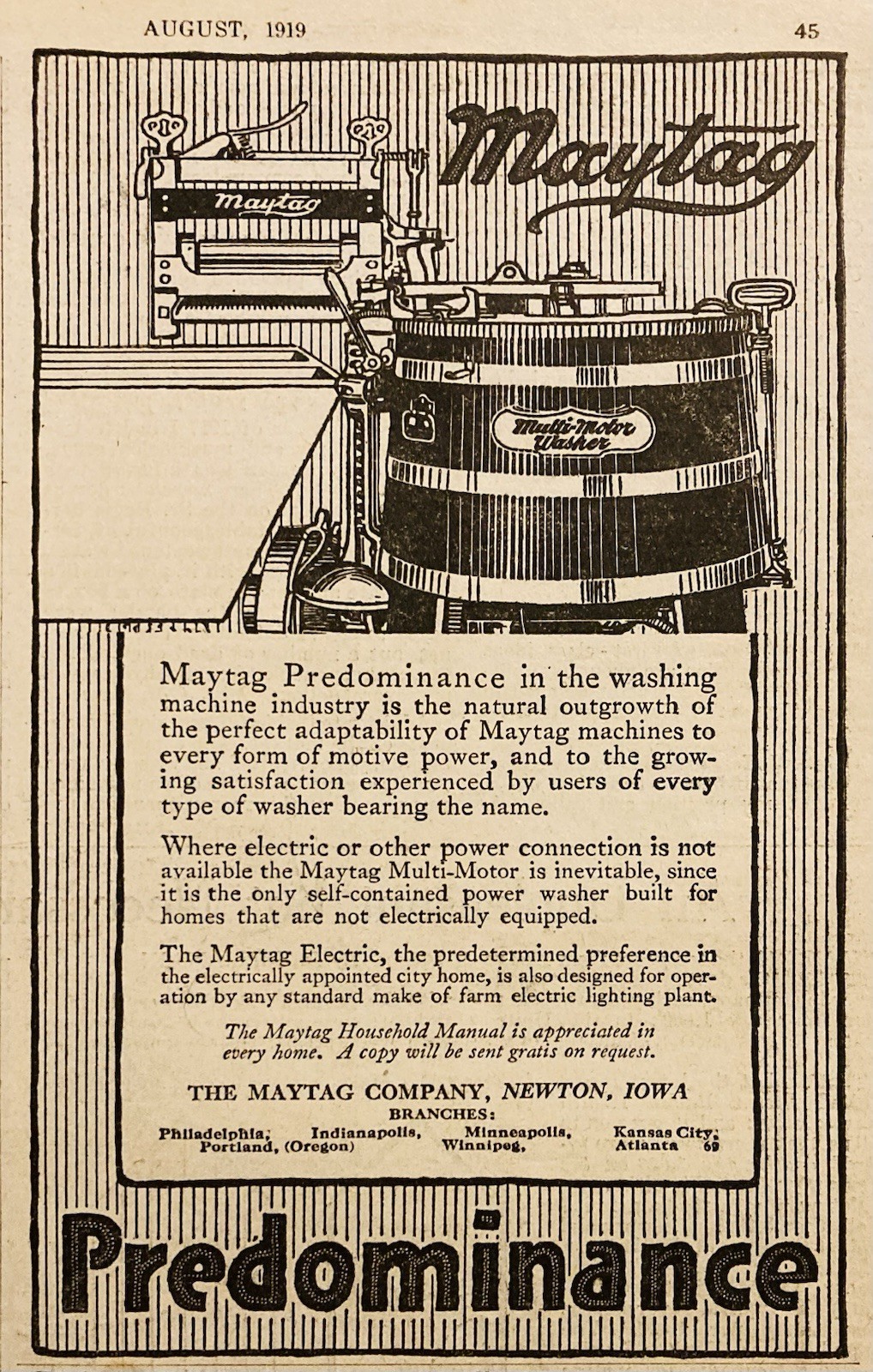 1919 AD.(PC10)~MAYTAG CO. NEWTON, IOWA. MAYTAG MULTI-MOTOR WASHING MACHINE