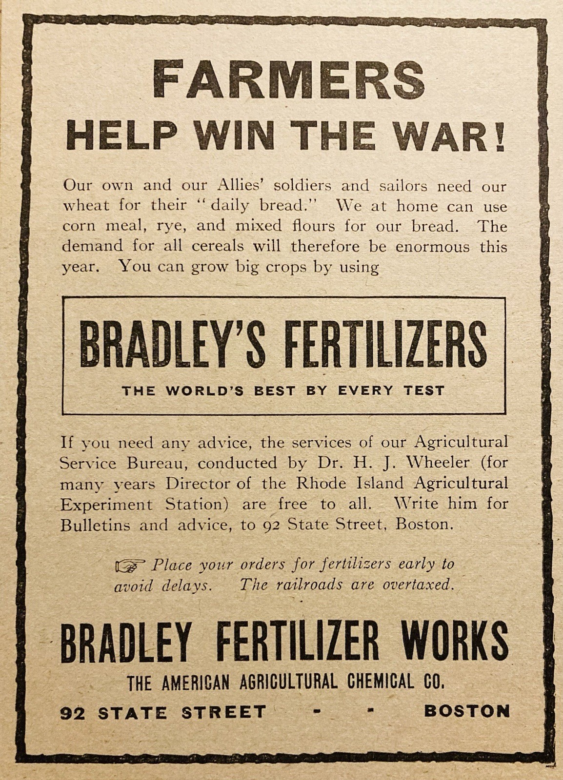 1918 AD.(XH85)~BRADLEY FERTILIZER WORKS, STATE ST. BOSTON. BRADLEY’S FERTILIZERS