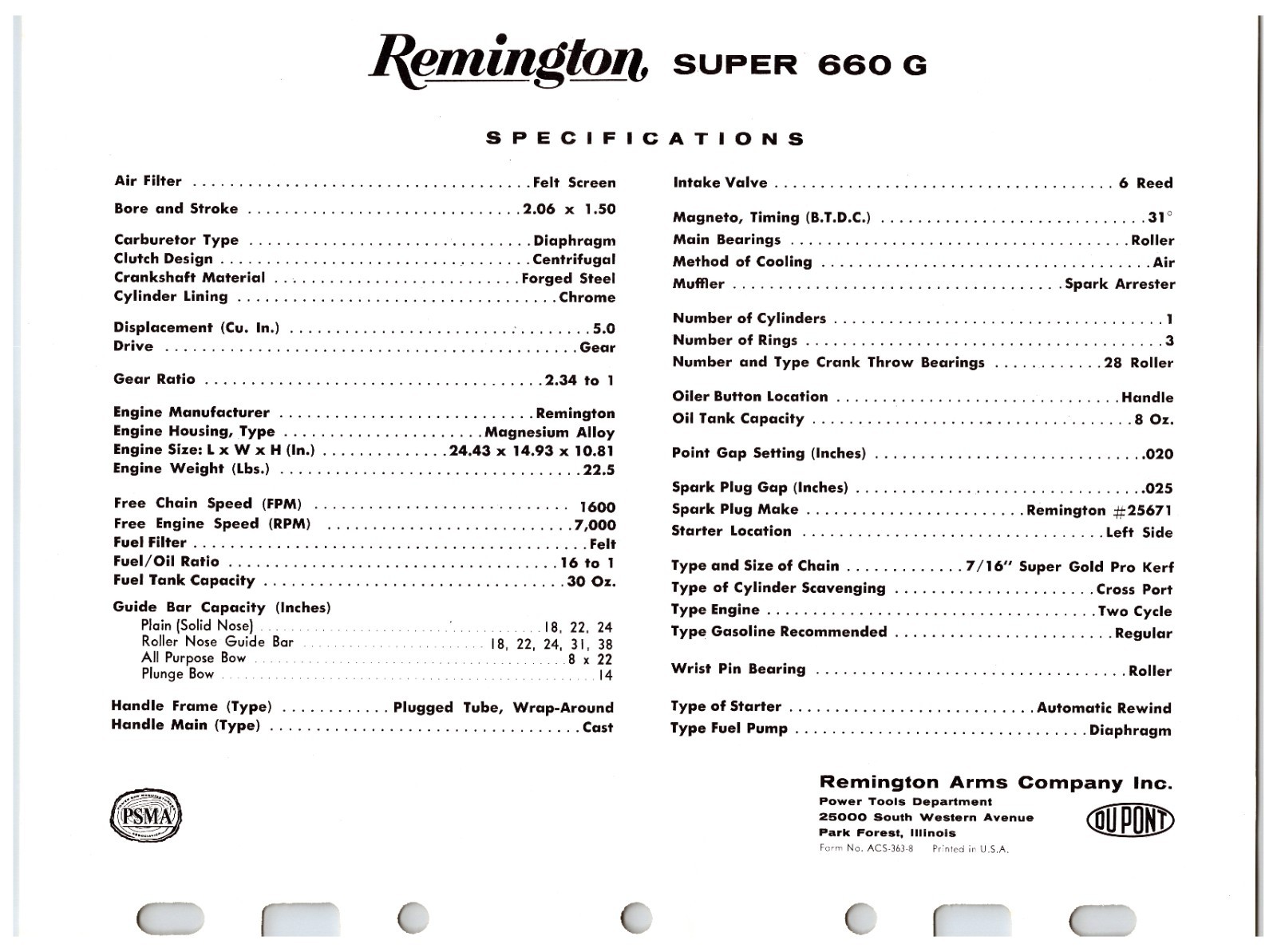 Vintage Original Remington Chainsaws Sales Sheet (Model Super 660 G) Info Sheet