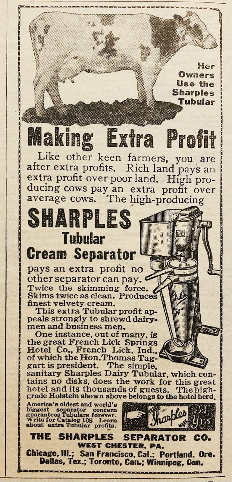 1912 AD.(XH87)~THE SHARPLES SEPARATOR CO. W. CHESTER, PA. CREAM SEPARATOR