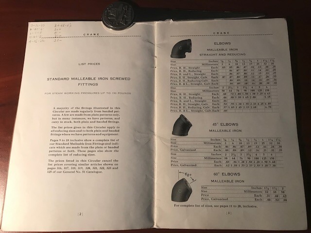 Vintage 1930 Crane Pipe Fittings Catalog and Pricing – 20 pages