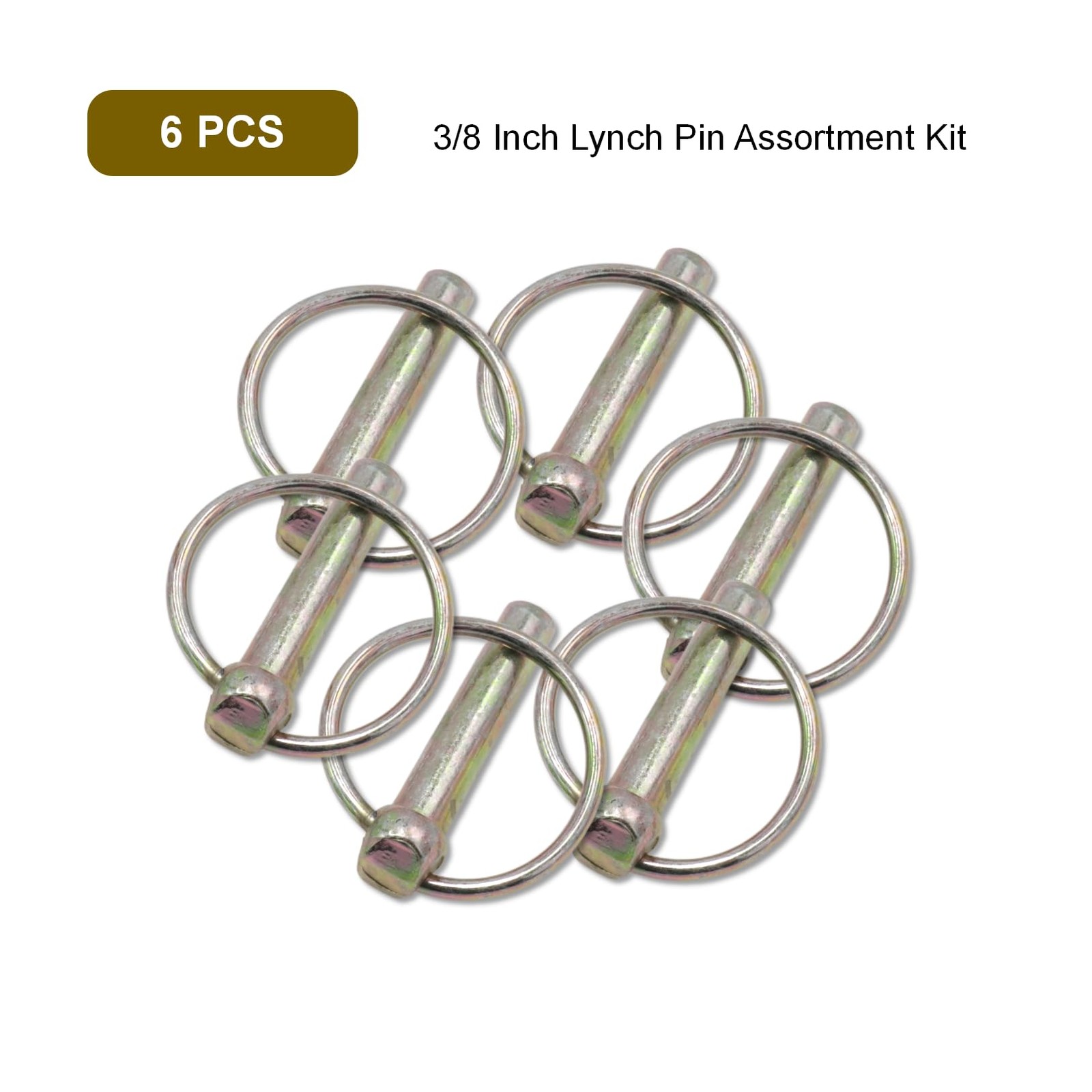 3/8 Inch Lynch Pin Assortment Kit, 6Pcs Heavy Duty round Linch Pins with Ring, L