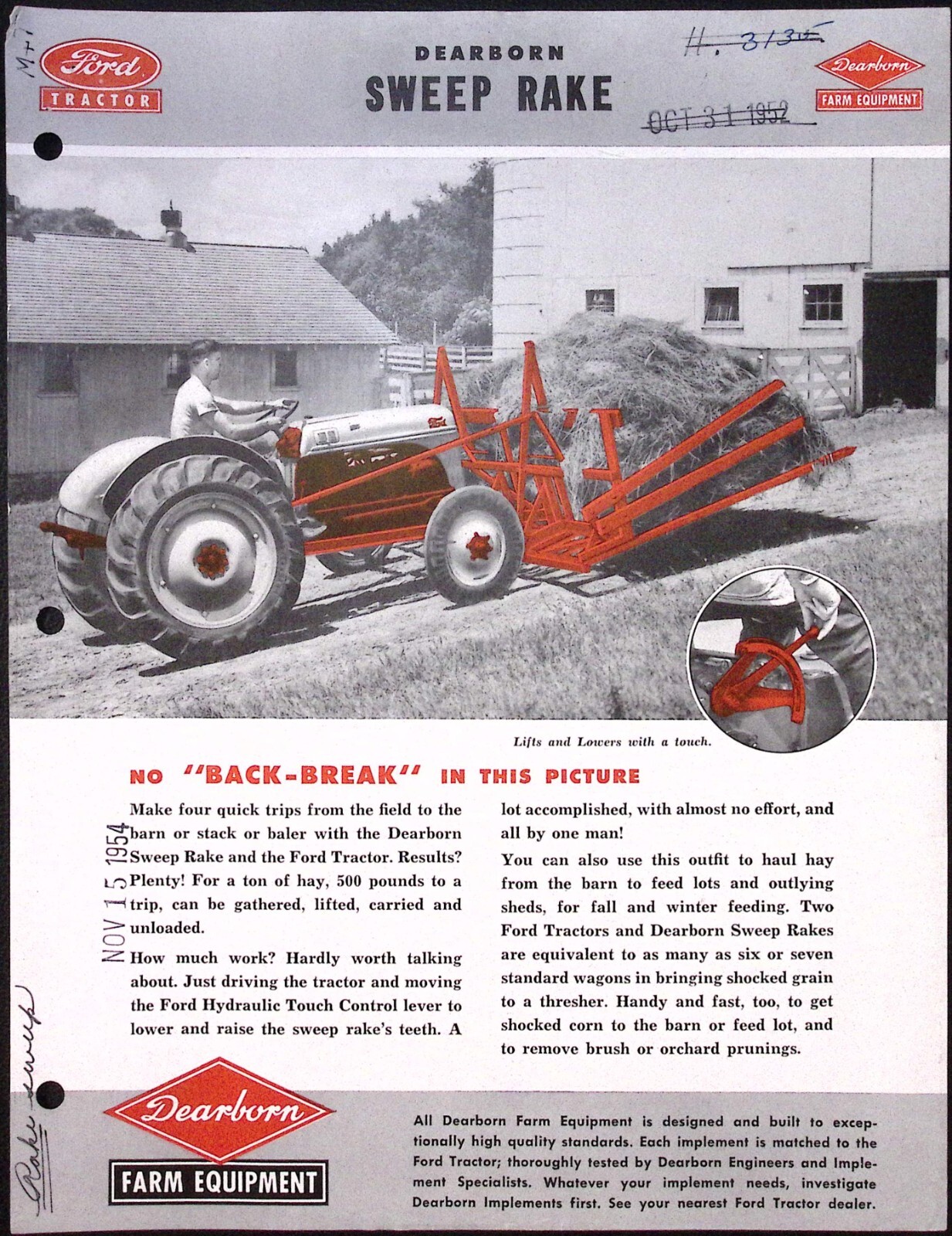 1954 Dearborn Farm Equipment Sweep Rake Dealer Brochure & Diagram