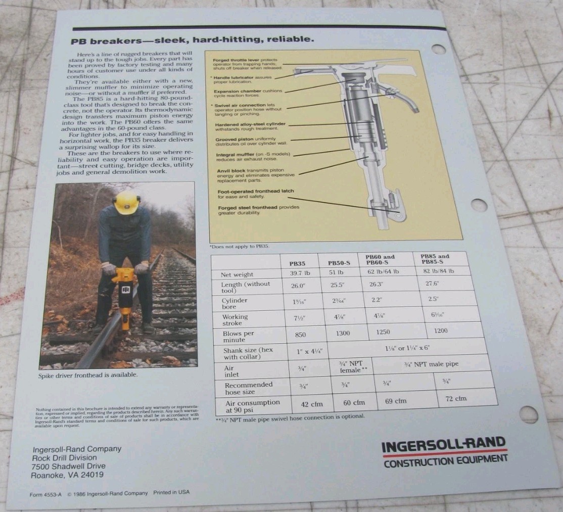 1986 Ingersoll-Rand PB Paving Breakers Sales Brochure 4553-A