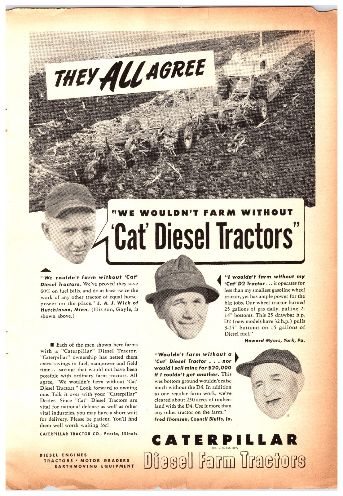 1952 Cat Diesel Tractors For Farming – Original Print Advertisement (8in x 12in)