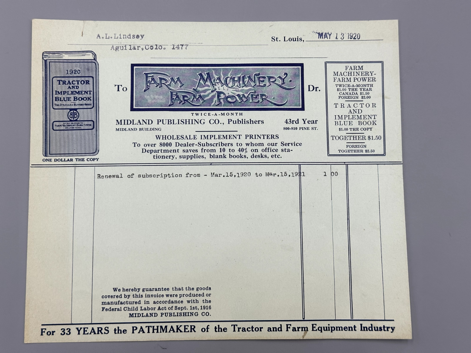 1920 FARM Machinery Power TRACTOR Magazine Advertising Letter Billhead Antique