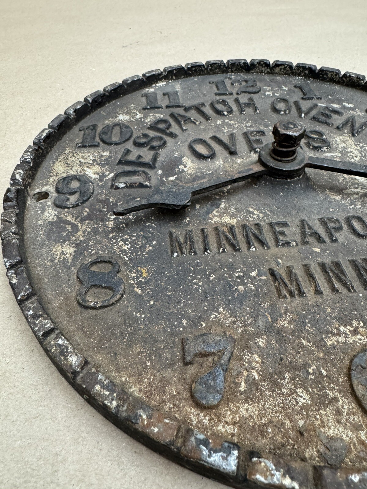 Antique Early Despatch Oven Clock Cast Iron Advertising Minneapolis Minnesota