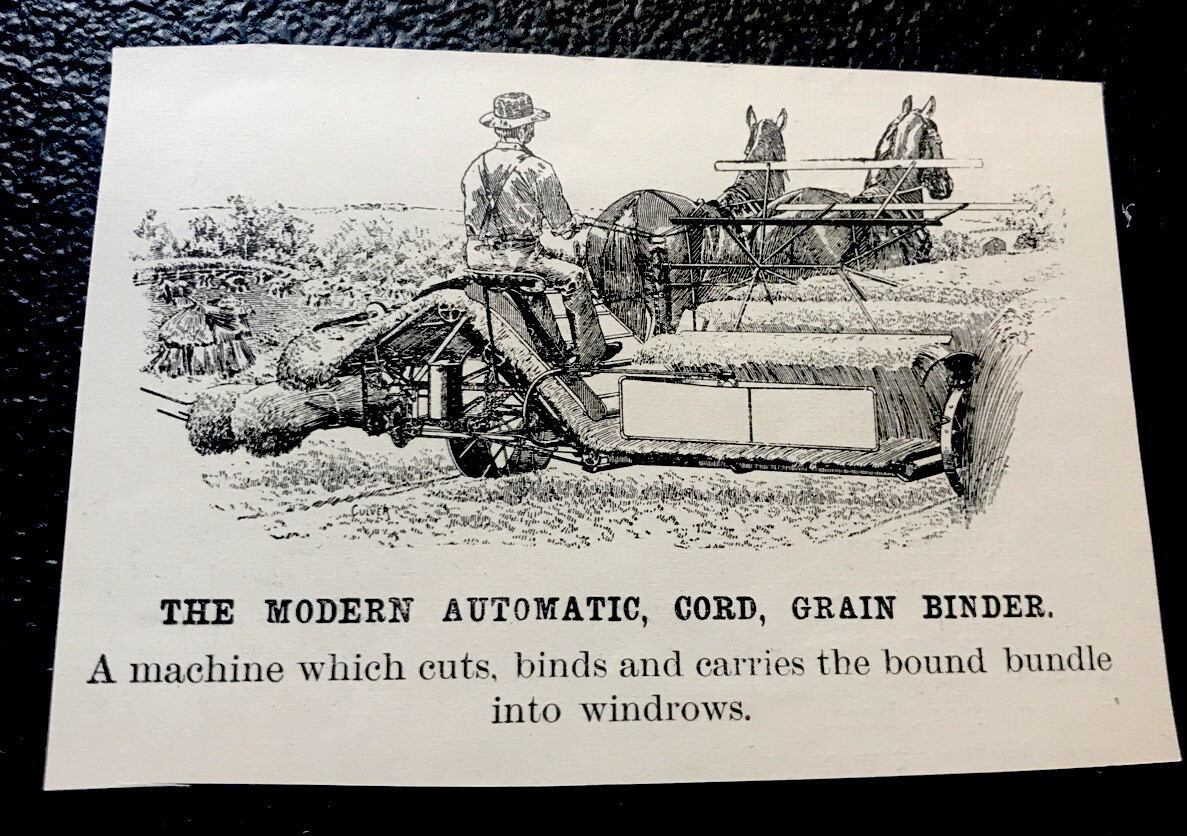 1896 Automatic, Cord, Grain Binder Farm Engraving Advertising